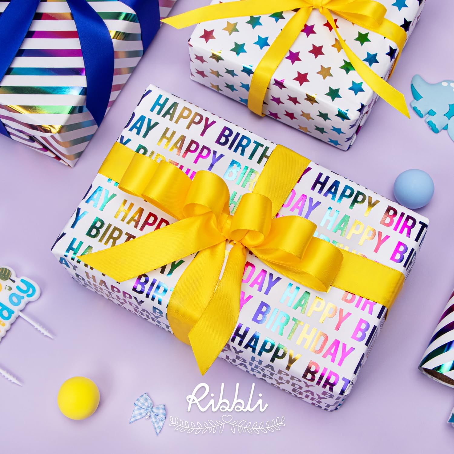 Ribbli Birthday Wrapping Paper Iridescent Gift Wrap Mini Roll, 3 Rolls Happy Birthday Stars Stripes Printed for Boys Kids - 17 inch x 120 inch(10feet) Per Roll image 4