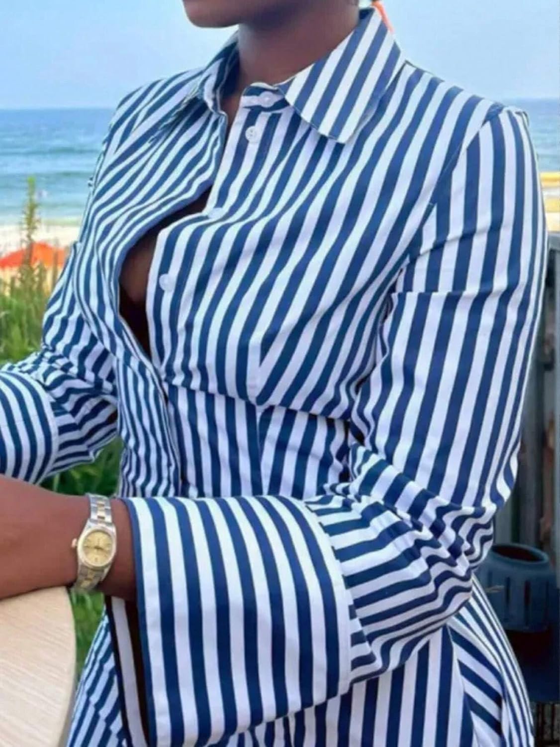 EFJONE Dresses for Women Sleeveless 2024 Vacation Striped Long Sleeve Button Front Shirt Dress Trendy Dress
