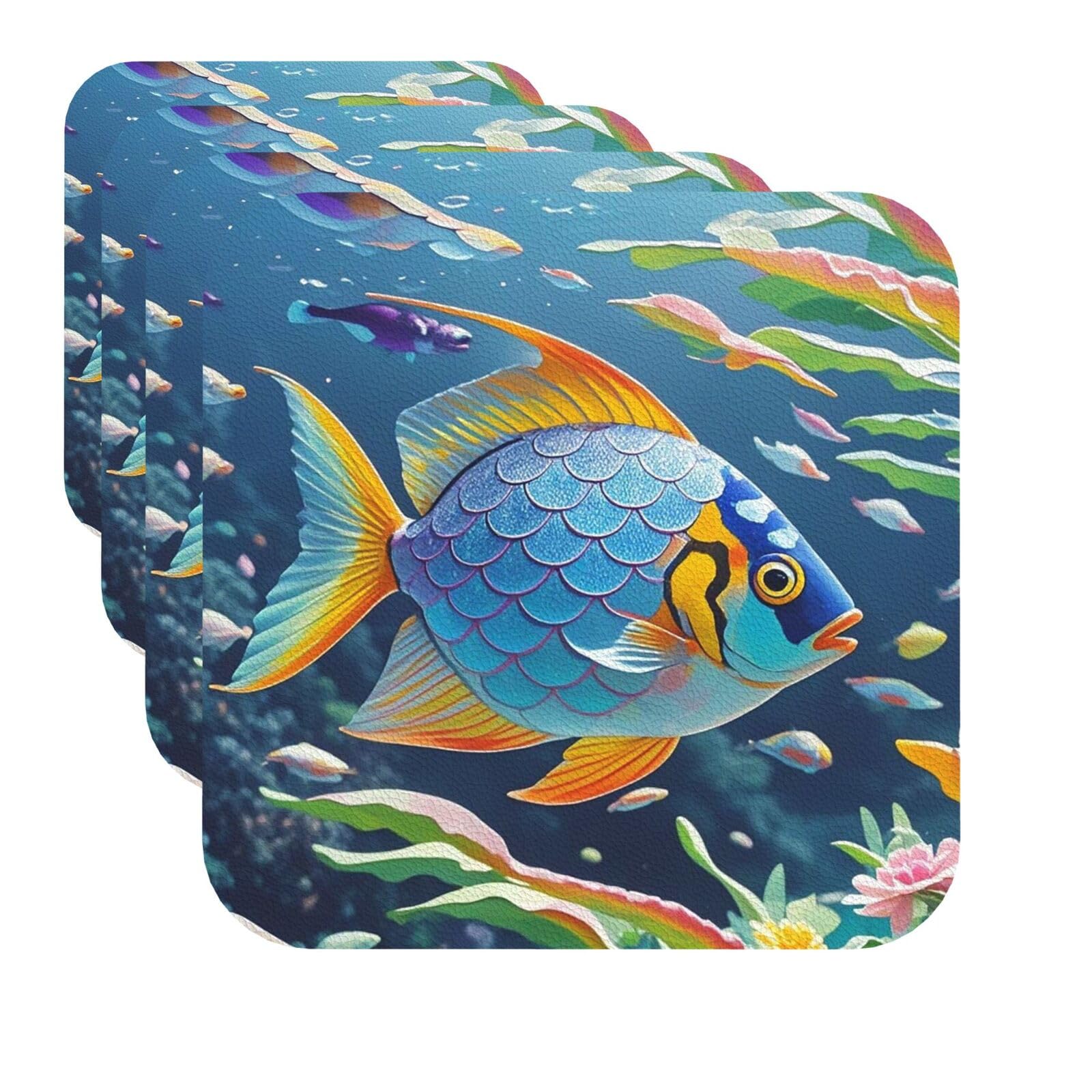 Drink Coasters Set of 4 Quick-Dry Leather Coaster Rainbow Fish Scale Coasters for Drinks Coffee Cup Mat Tabletop Protection Heat Resistant Coaster for Kitchen Bar Office Home Decor