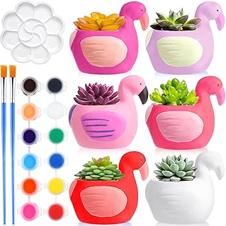 Pasimy 6 Set Ceramics to Paint DIY Ceramic Succulent Planter Pots Paint Your Own Flower Pots Craft Kit Unpainted Bisque Flowerpot with Brush Palette Christmas Gifts for Family Activity(Flamingo)