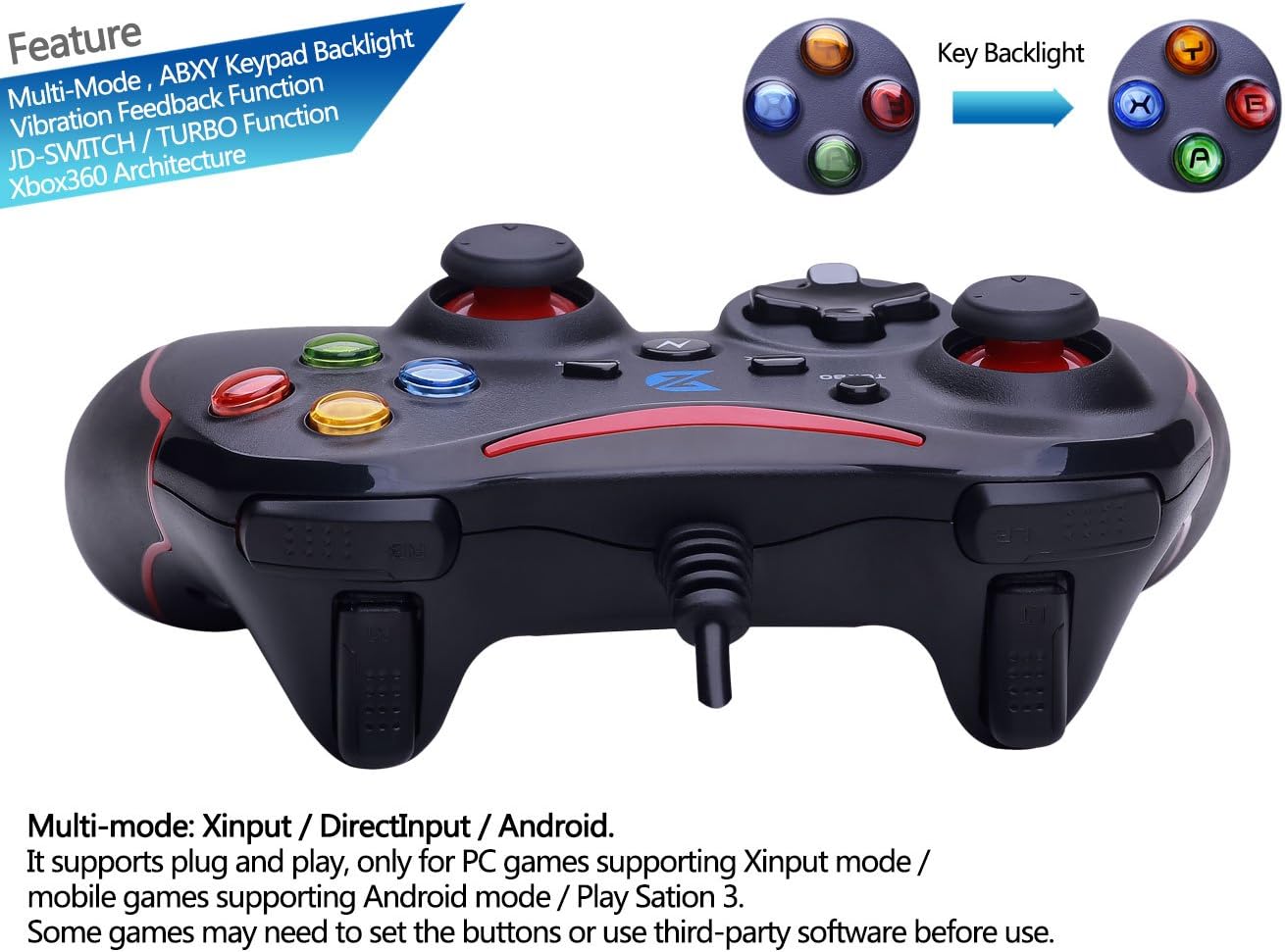 ZD-N USB Wired Gaming Controller Gamepad for PC(Windows XP/7/8/8.1/10) & PS3 & Android - [Black&Red]