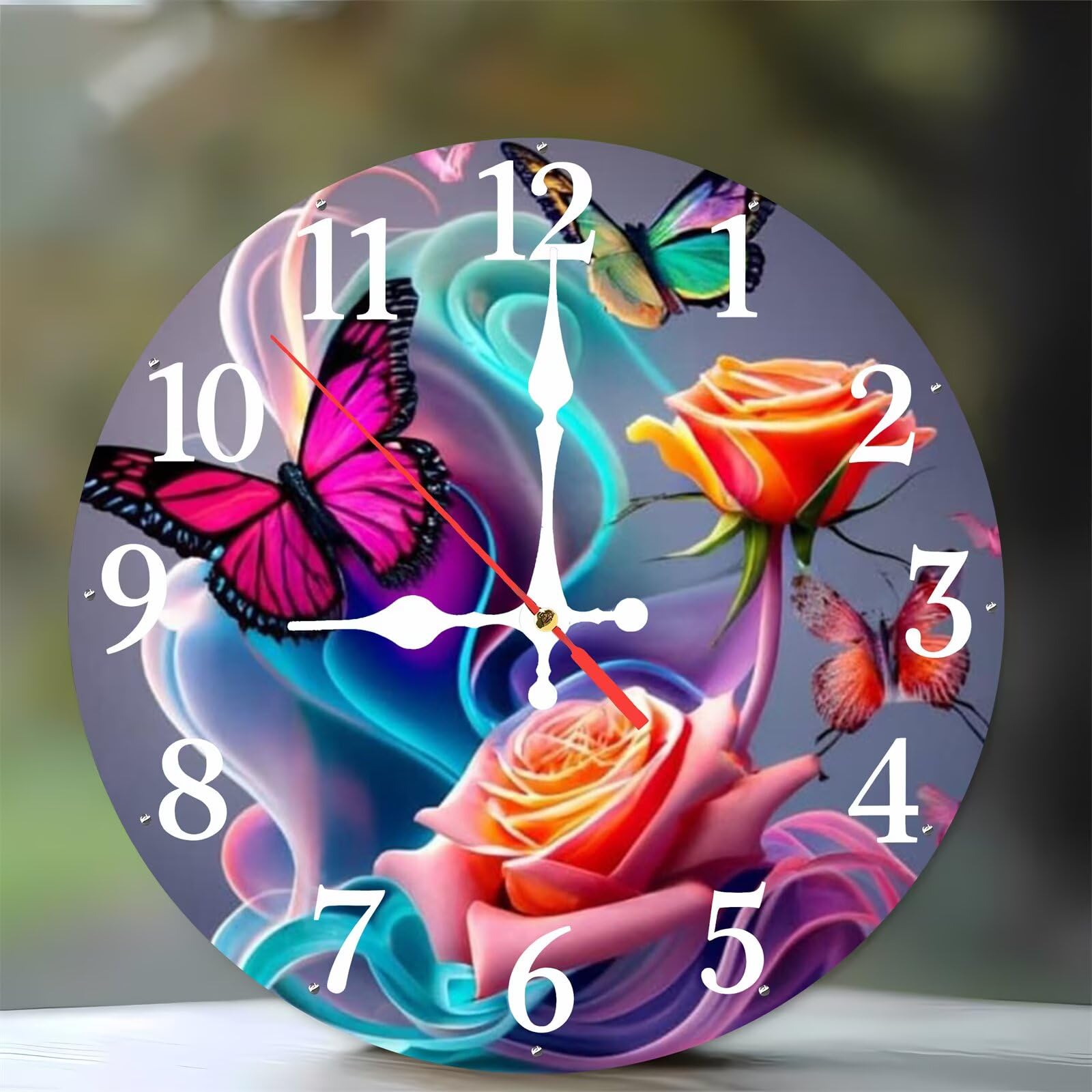 Horloge murale de 35 cm en bois silencieuse avec motif roses et papillon pour salon