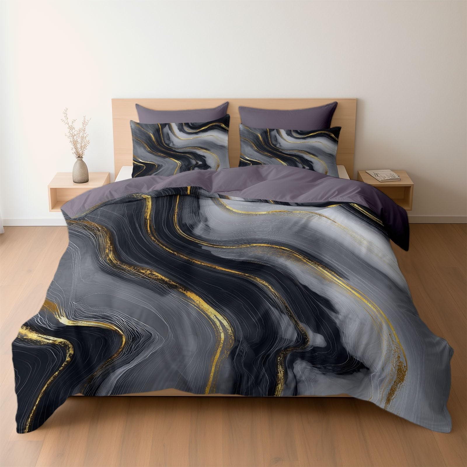 Housse de couette 140x200 chic en microfibre brossée effet marbre abstrait violet
