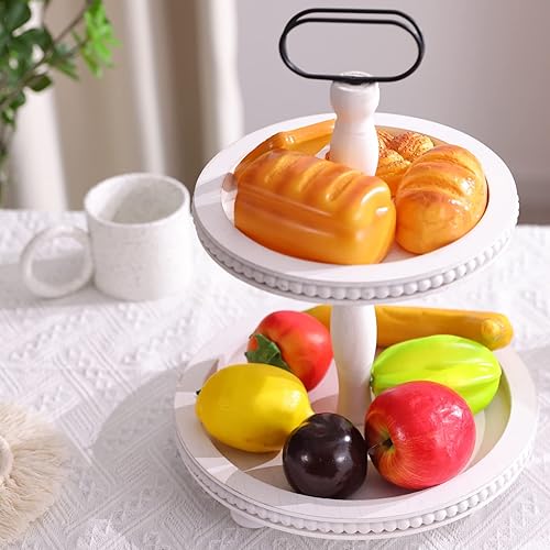 Miniatura 7 de Urban Deco Bandeja decorativa de madera de dos niveles, bandeja redonda para servir con mango de metal, soporte de madera para cupcakes para