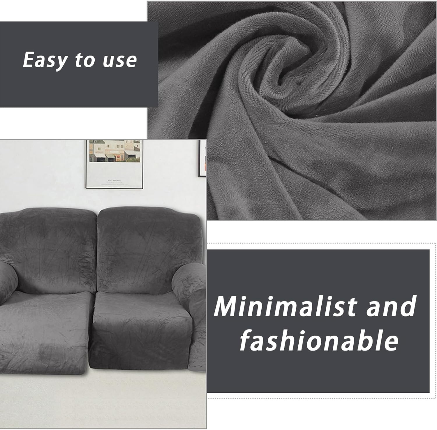 Elastic Velvet Recliner Sofa Cover, Full Solid Two-Seater Couch Protector, Stretch Soft Furniture Slipcover with Six-piece Set for Living Room