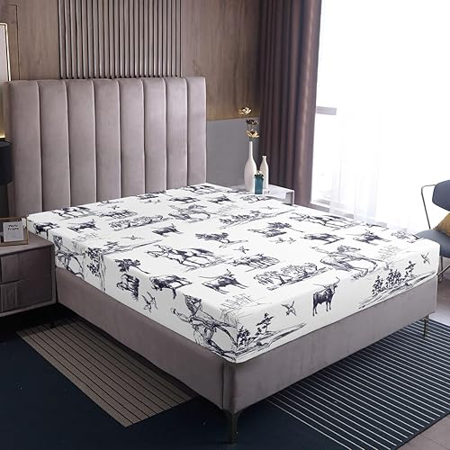 Miniatura 3 de Juego de ropa de cama del oeste, tamaño Queen, diseño de dibujos de vaquero, ganado, caballo, 4 piezas, sábanas de animales de granja para niños,