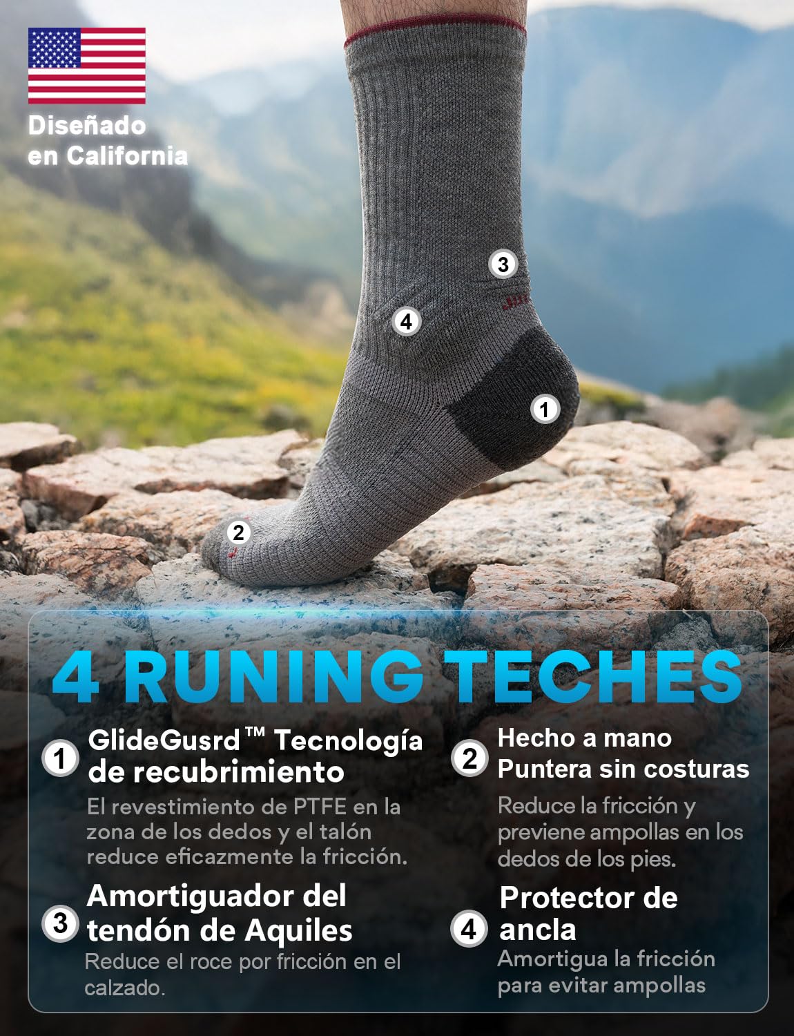Juclise Calcetines de Senderismo de Lana Merino para Hombre - Grosor Medio, Transpirable, Absorbe la Humedad, Anti-Ampollas, Con Acolchado y Compresión
