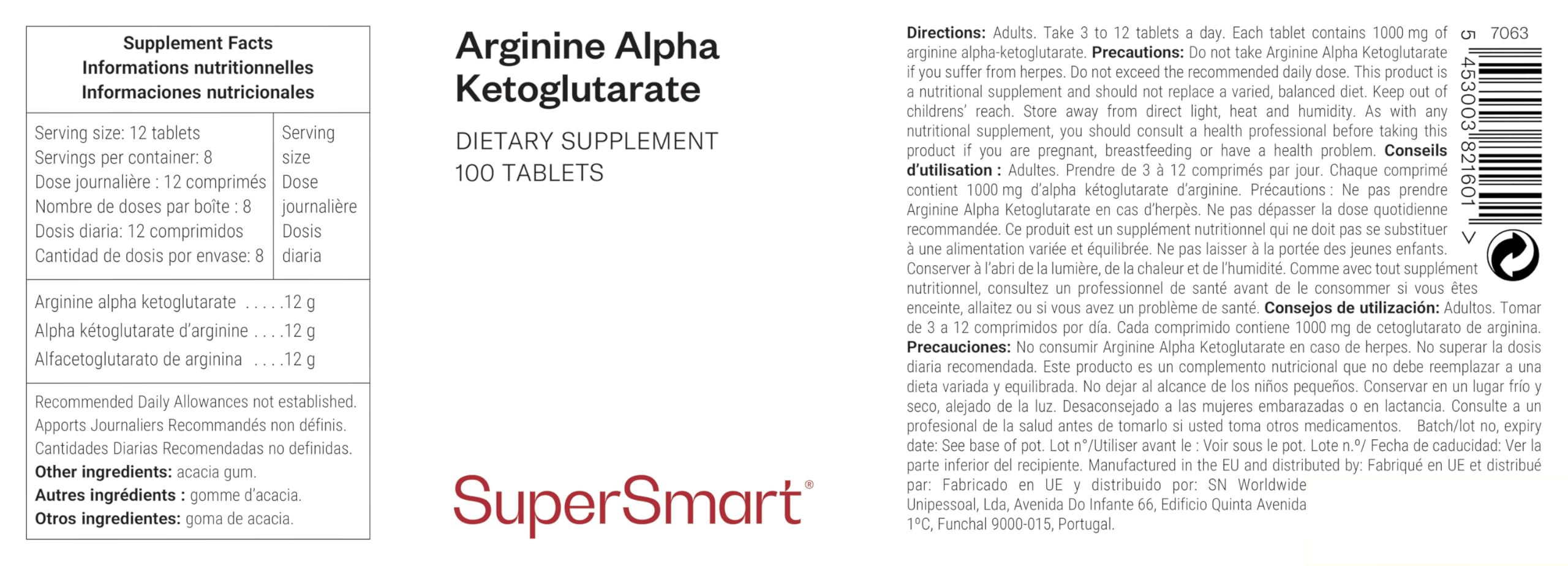Arginine Alpha Ketoglutarate (AKG) 1000 mg - Soutient l’Activité Musculaire des Sportifs - Aide à la Dilatation des Vaisseaux Sanguins - Aide à Combattre la Dysfonction Sexuelle - Vegan - Supersmart