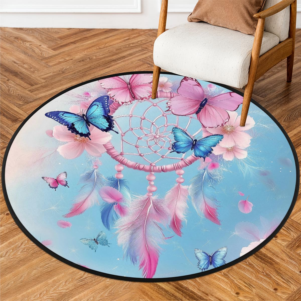 Traumfänger-Teppich mit Schmetterlingen, rund, waschbar, Gaming-Teppich für Schlafzimmer, Wohnzimmer, Arbeitszimmer, Bodenmatte, 160 cm