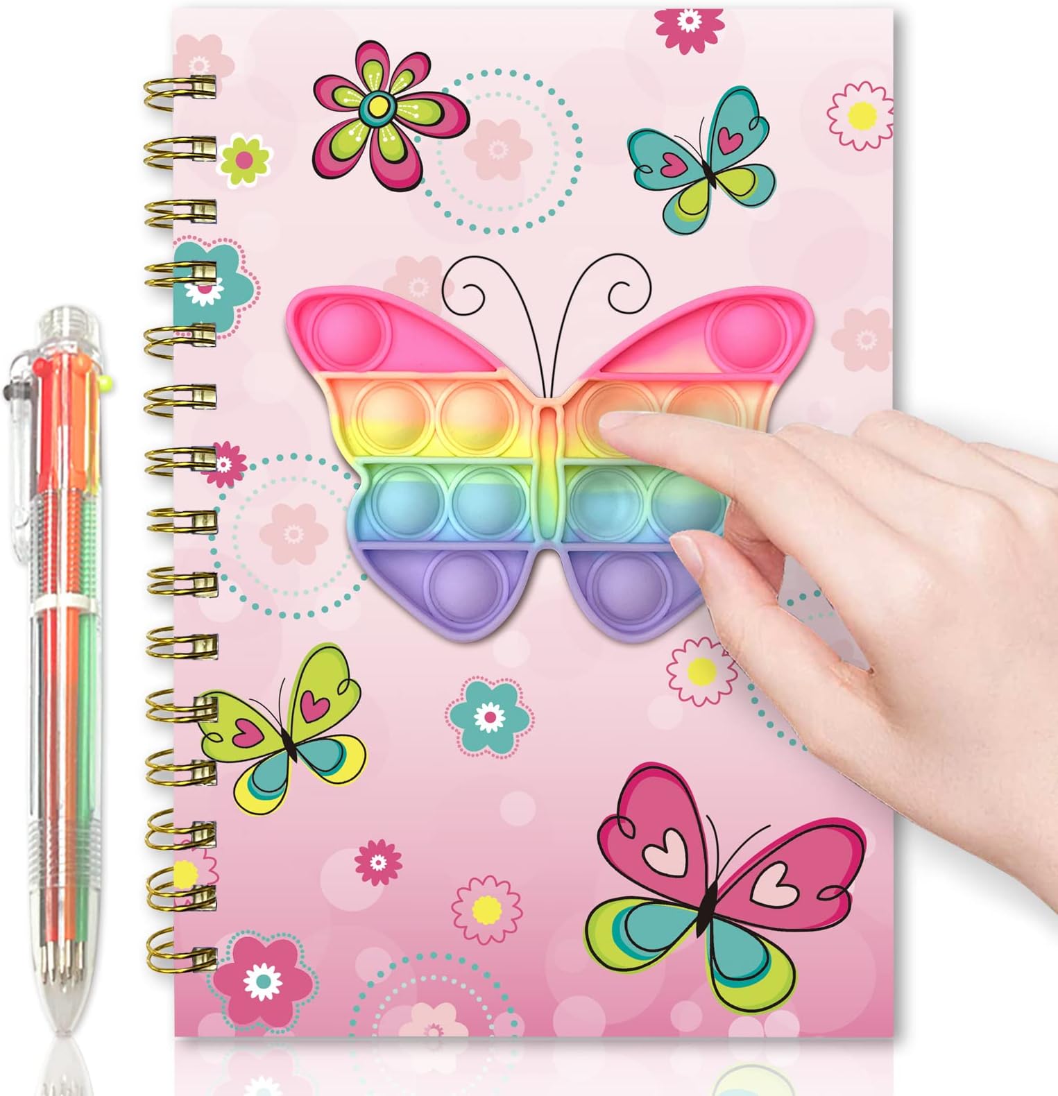 Pop Notebook for Kids, Fidget Girls Diary Journal 8.3x5.7 Inches 160 Lined Pages with 6 Multicolor Pen Spiral Journal for Teenage School Writing Drawing Pop Butterfly It Gifts Stuff Age 6 8 10 12