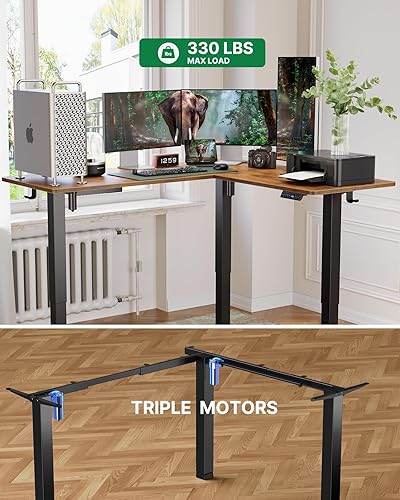 Miniatura 3 de Marsail Escritorio eléctrico de pie en forma de L de esquina de 63 x 55 pulgadas con toma eléctrica 4 en 1, gancho para auriculares y funciones
