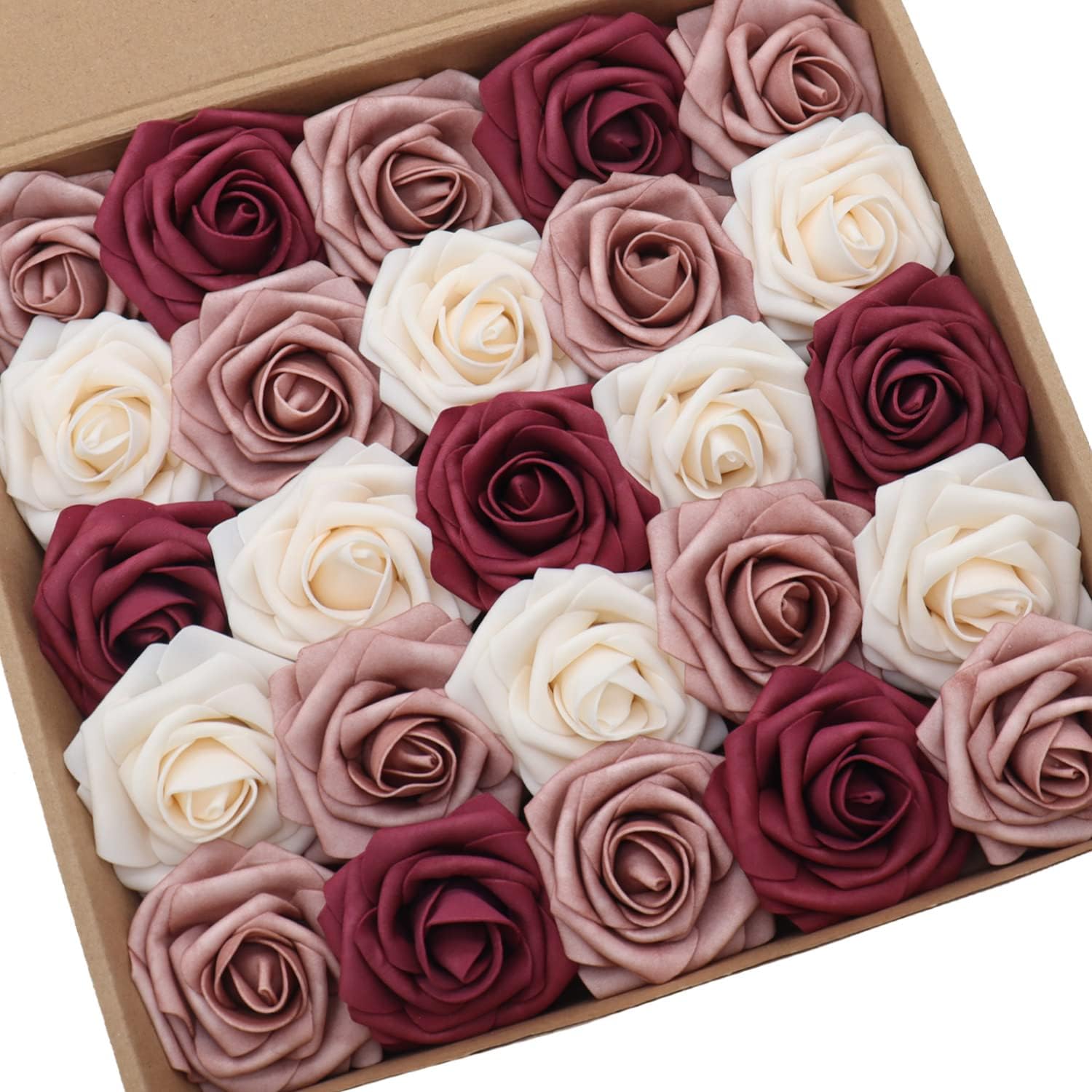 D-Seven 50pcs Artificial Flower Cream & Dusty Rose & Burgundy Rose with Stem for DIY Wedding Bouquets Arch Floral Arrangements Wedding Flower Backdrop Bridal Shower Baby Shower Party Home Decor