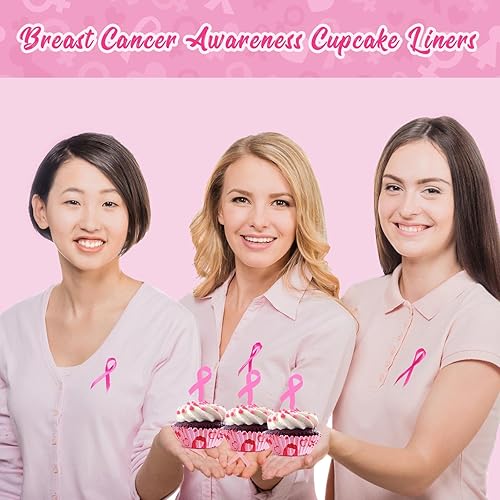 Miniatura 6 de SANNIX Revestimientos para cupcakes para concientización sobre el cáncer de mama, 450 piezas de cinta rosa para hornear, envoltorios de papel para