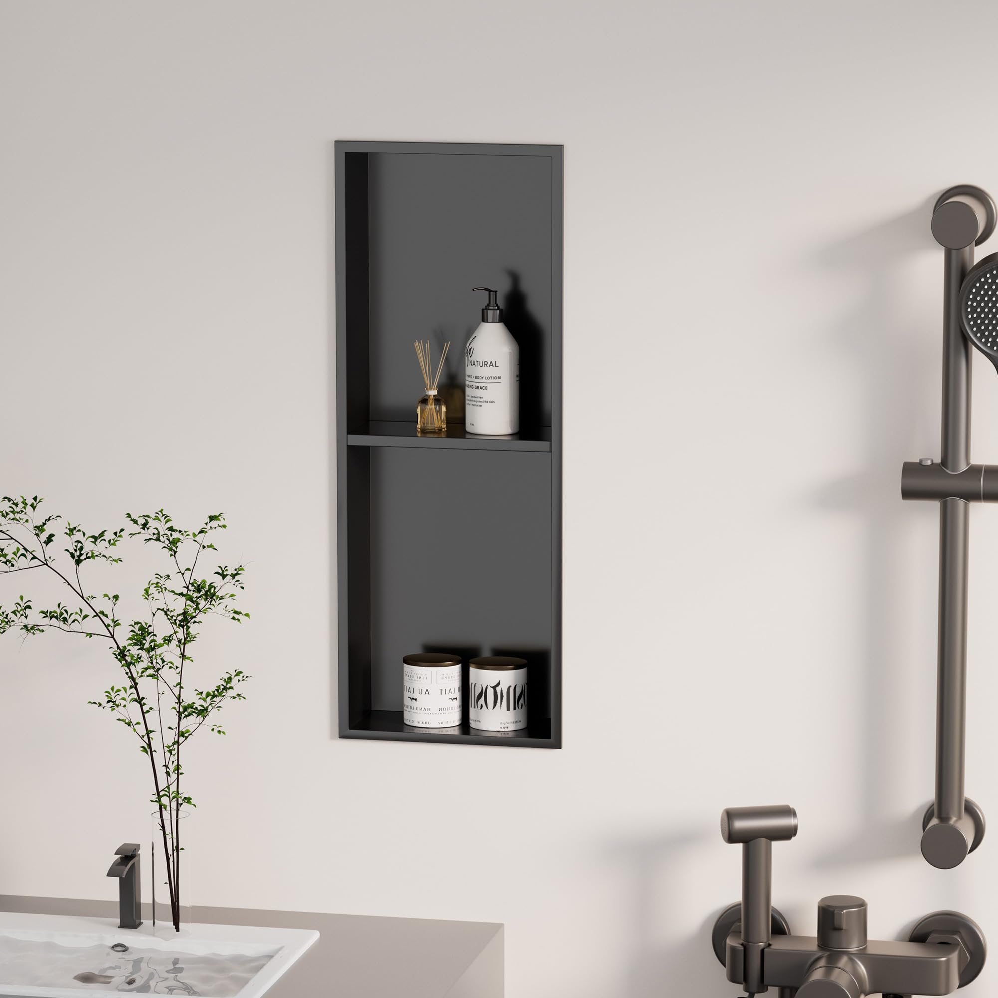 bimiti Nicho de pared de baño, negro, de acero inoxidable, organizador de doble estante de 70 x 28 x 12,5 cm, estante negro, almacenamiento de ducha para baño, cocina (1, doble capa)