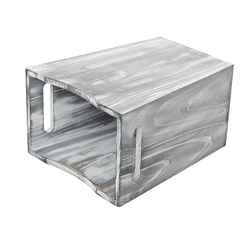 Miniatura 3 de Papelera de madera rústica con dos asas recortadas para dormitorio, sala de estar, baño y oficina (blanco grisáceo)