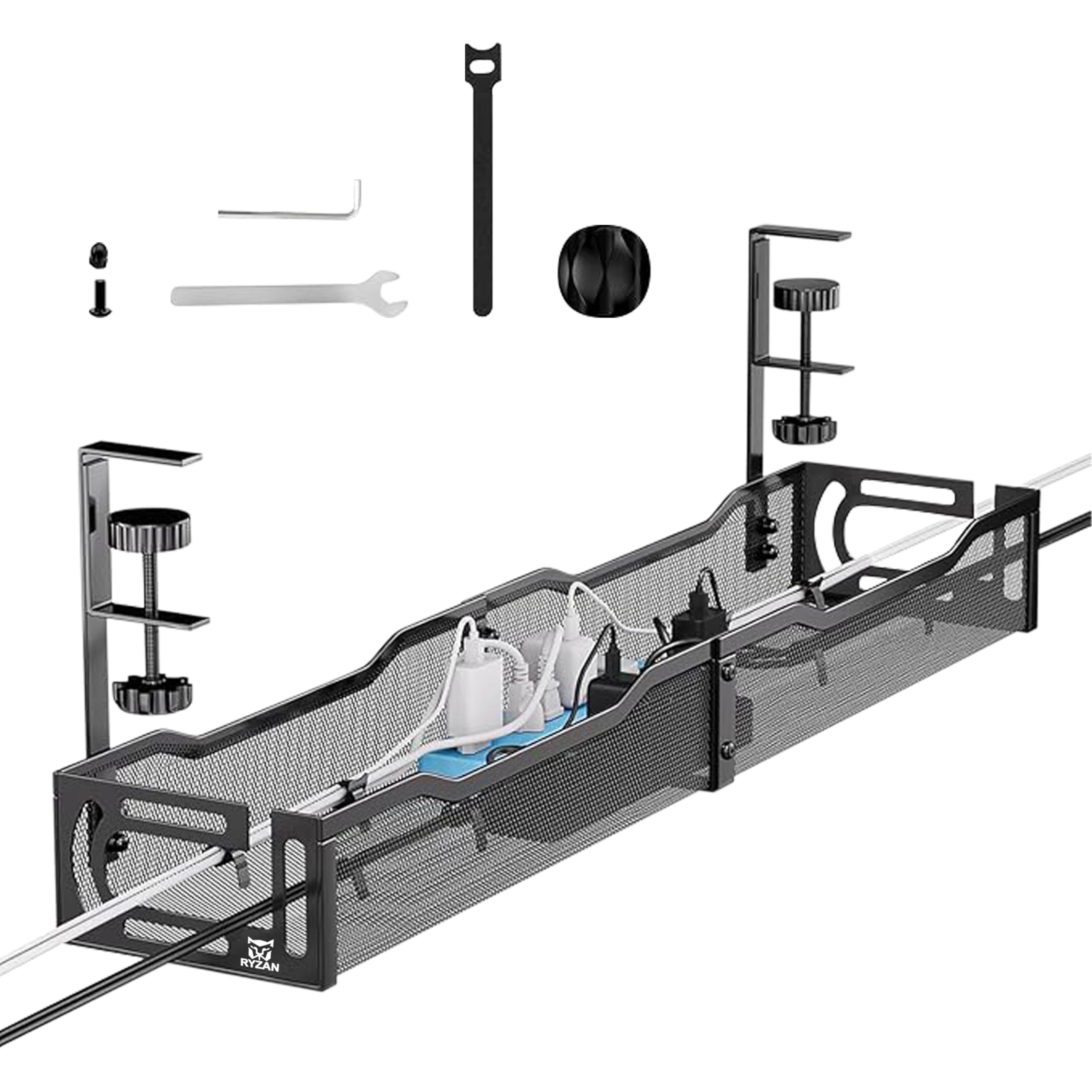 RYZAN Under Desk Cable Management Tray, Black & White Wire Organizer, 39cm & 64cm Metal Mesh Tray, Power Strip Holder with Mounting Kit (Black, 64 CM)
