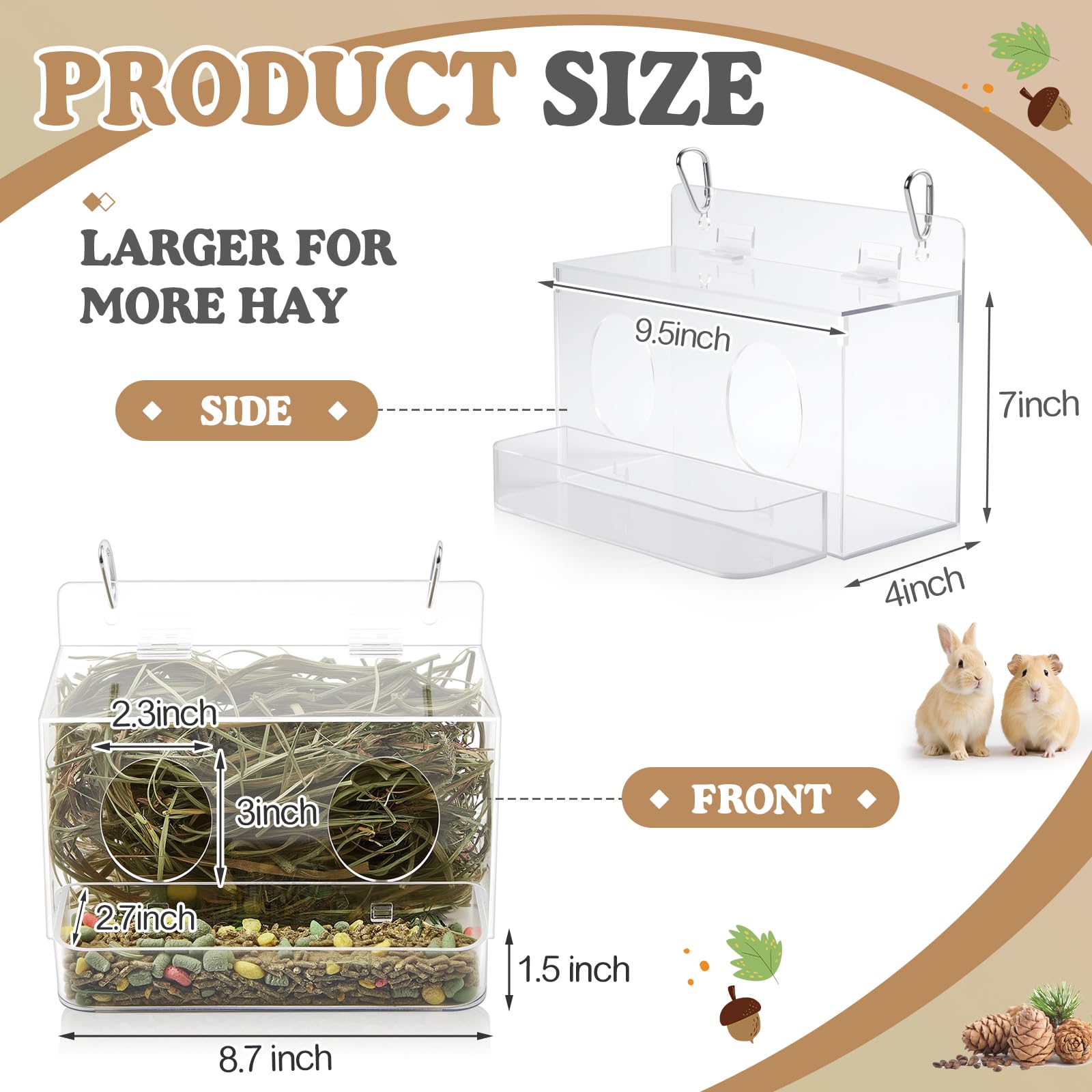 Honeydak Acrylic Rabbit Hay Feeder with Lid, Two in One Hanging Guinea Pig Hay Feeder with Hook Food Dispenser Bin for Bunny, Guinea Pig, Chinchilla - image 2