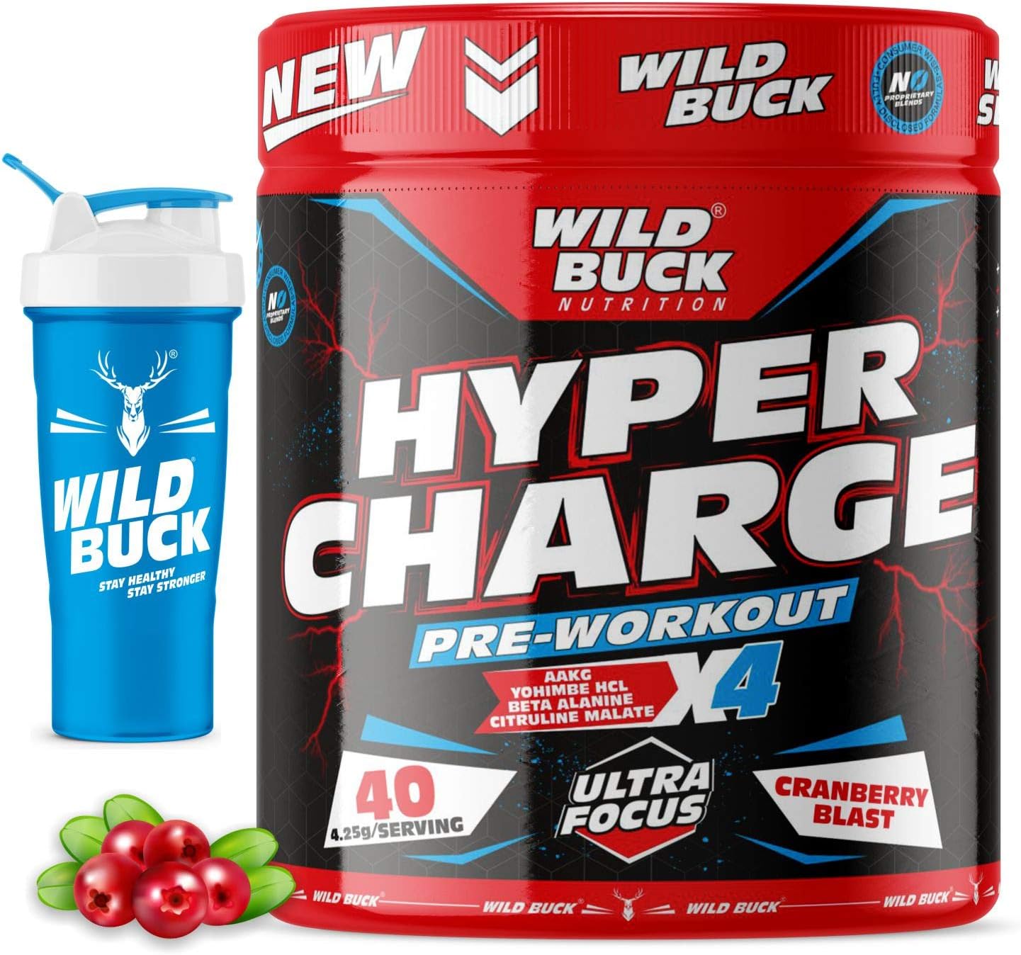 Hyper Charge Pre-X4 Hardcore Pre-Workout Supplement with Creatine Monohydrate, Arginine AAKG, Beta-Alanine, Explosive Muscle Pump -For Men & Women [40 Servings, Cranberry Blast] Free Shaker