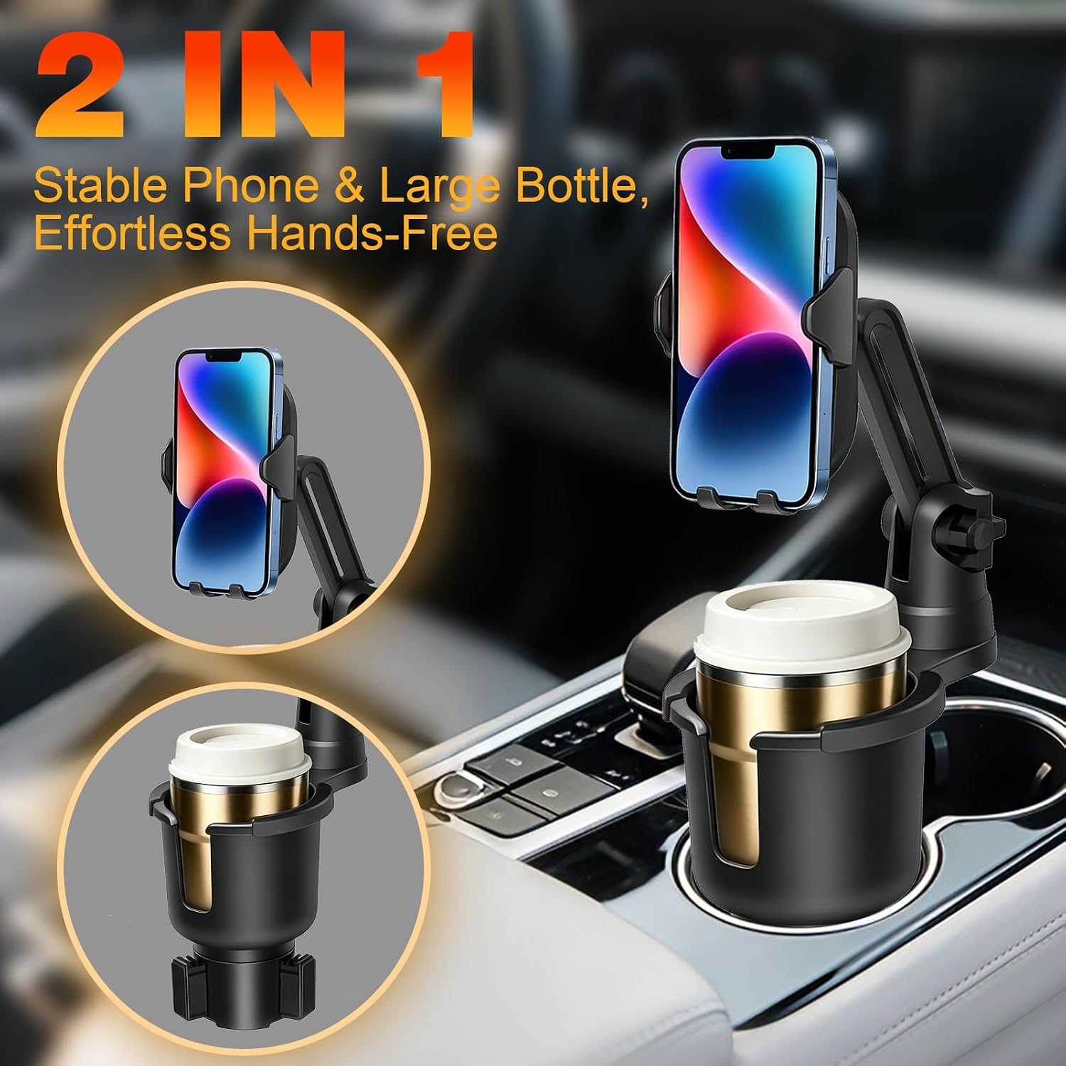 JPart Cup Phone Holder for Car, 2 in 1 Cup Holder Phone Mount with Adjustable Base and 360° Rotating Long Arm, Car Phone Holder Compatible with All Phones for Car Truck, Black - 1 Pack image 2
