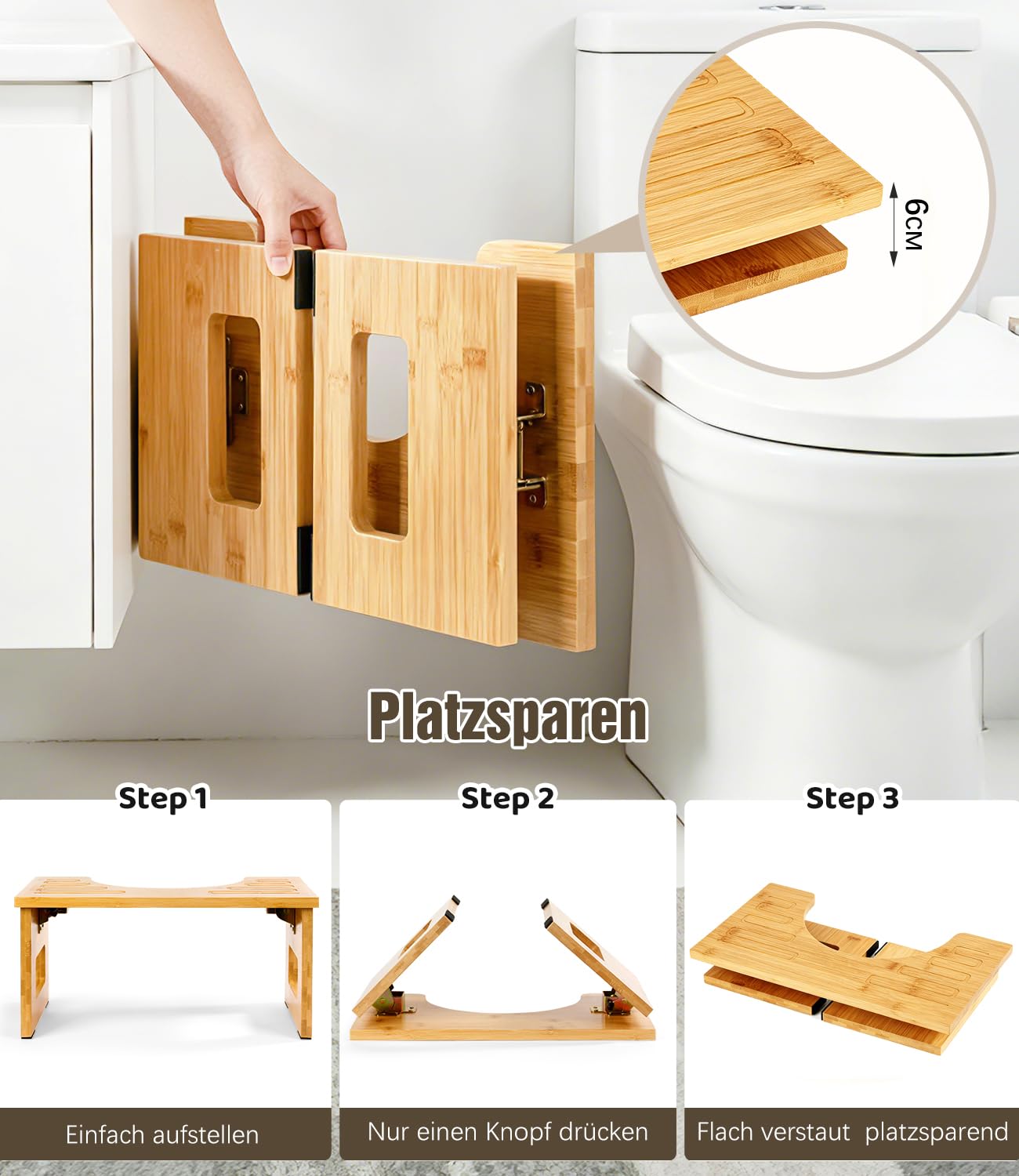 Toilettenhocker aus Bambus Holz für Erwachsene, Klohocker mit Anti-Rutsch-Pads, Ergonomischer WC Hocker für Badezimmer