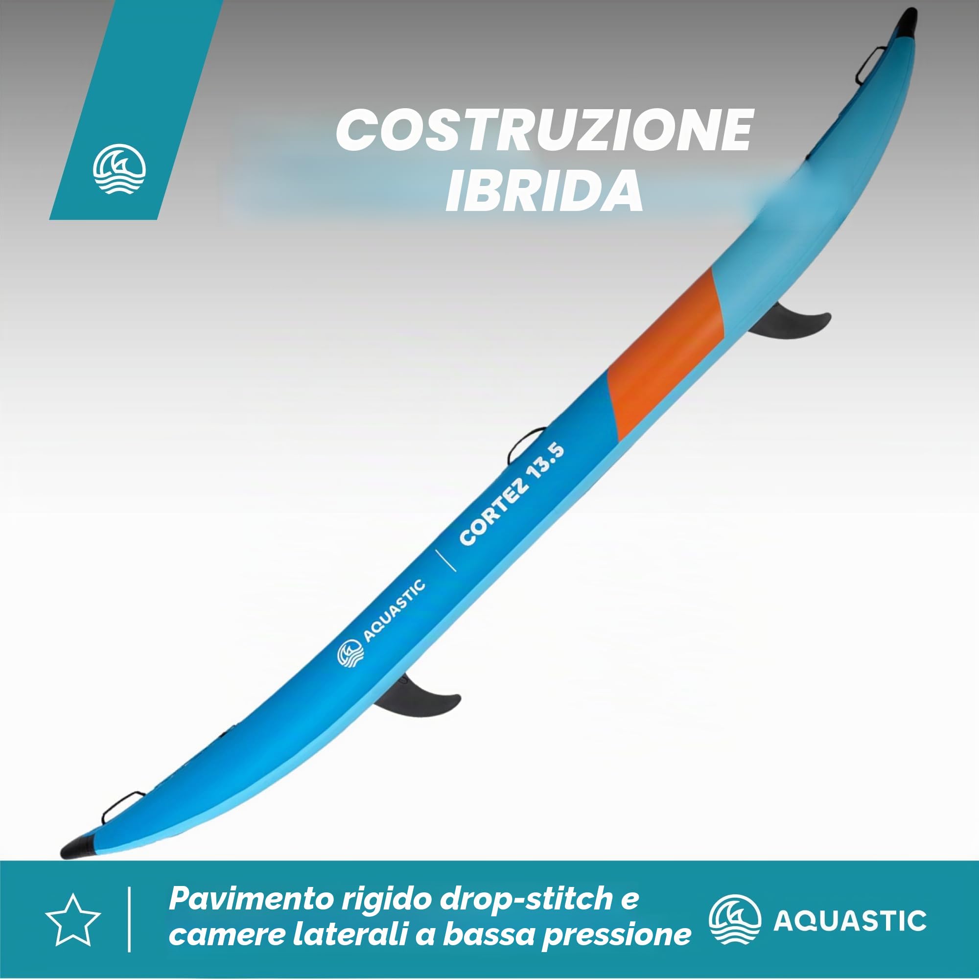 AQUASTIC Cortez 13'5 – Kayak gonfiabile per due persone, Hybrid Drop-Stitch, 3 camere, portata fino a 180 kg, set: zaino, pagaia, sedili, pompa, pinne, stabile