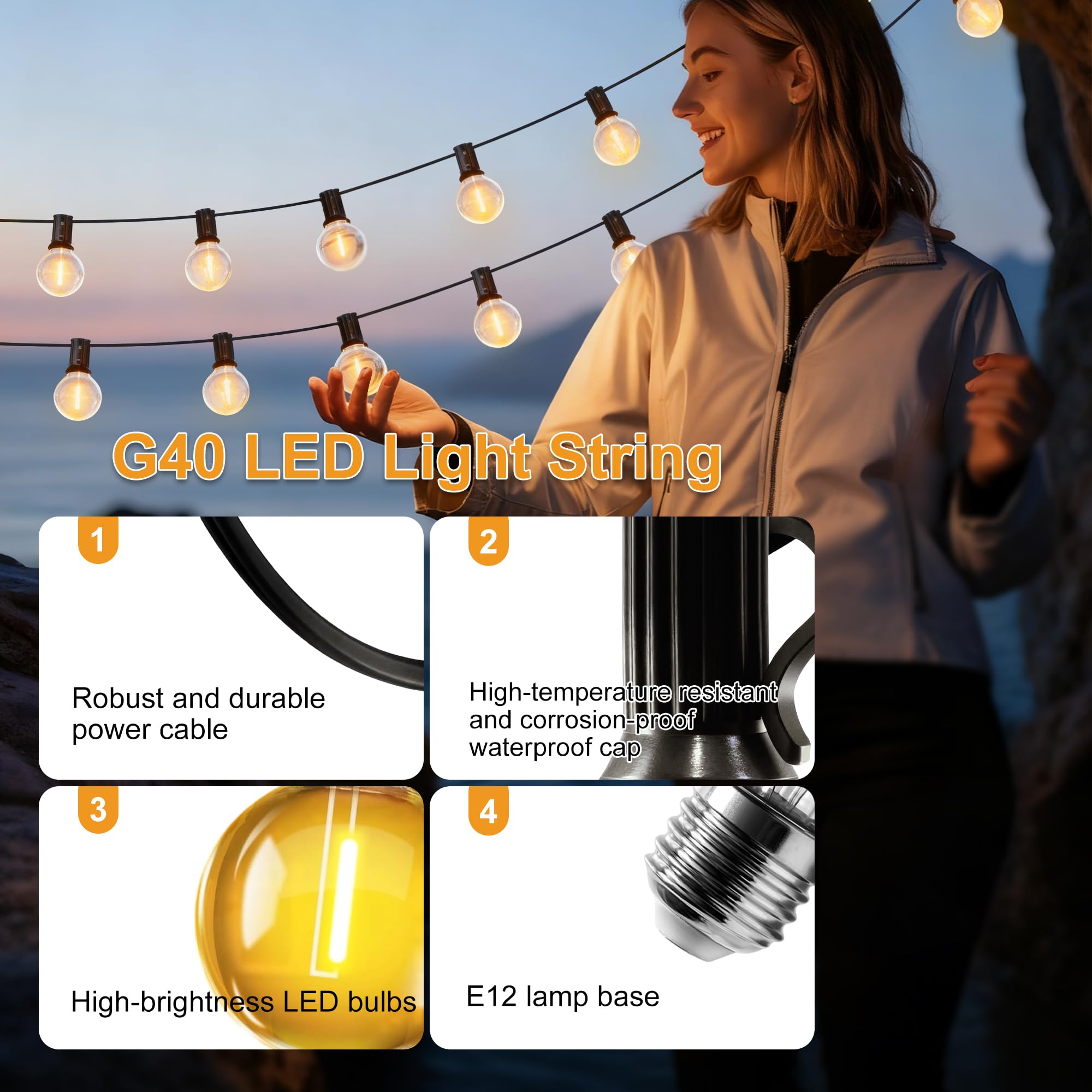 FTL 45M Lichterkette Außen Strom, 150FT LED G40 Outdoor Lichterkette mit Warmweiß 45+2 G40 Glühbirnen IP45 Wetterfest Beleuchtung Lichterkette für Garten Terrasse Balkon Hochzeiten Party Pavillon