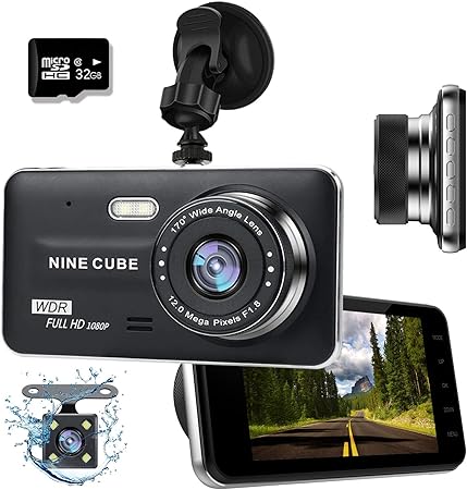 Amazon ドライブレコーダー 前後カメラ 2019最新版 Nine Cube 1080p Hd 車載dvrダッシュボードカメラ 4インチ スクリーン 170 超広角 スーパーナイトビジョン逆転自動レンズgセンサー ループ録画 駐車監視 モーション検知 32gb Sdカード付き ドライブレコーダー