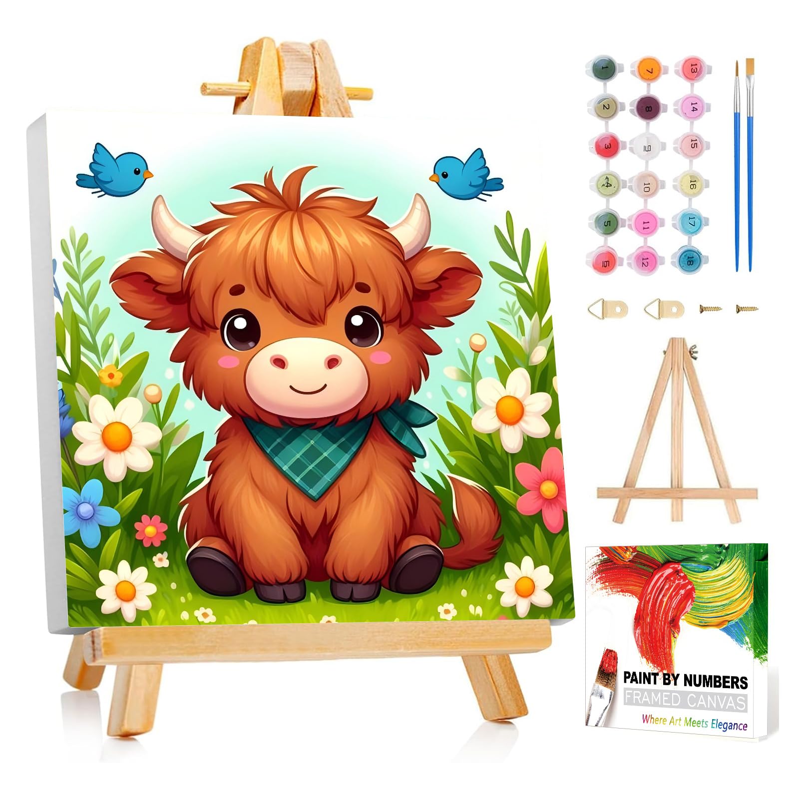 Reivworl Paint by Numbers Kit for Kids with Frame and Easel, Cow Paint by Number for Kids Age 6-8-12, Acrylic Paint by Numbers for Gifts and Home