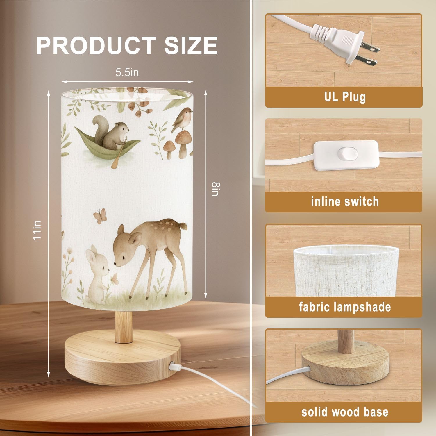 Round Table Lamp for Bedroom Woodland Animals Watercolor Forest Baby Beside Lamps Desk lamp with Wood Base Nightstand Lamps for Nursery Living Room Home Decor