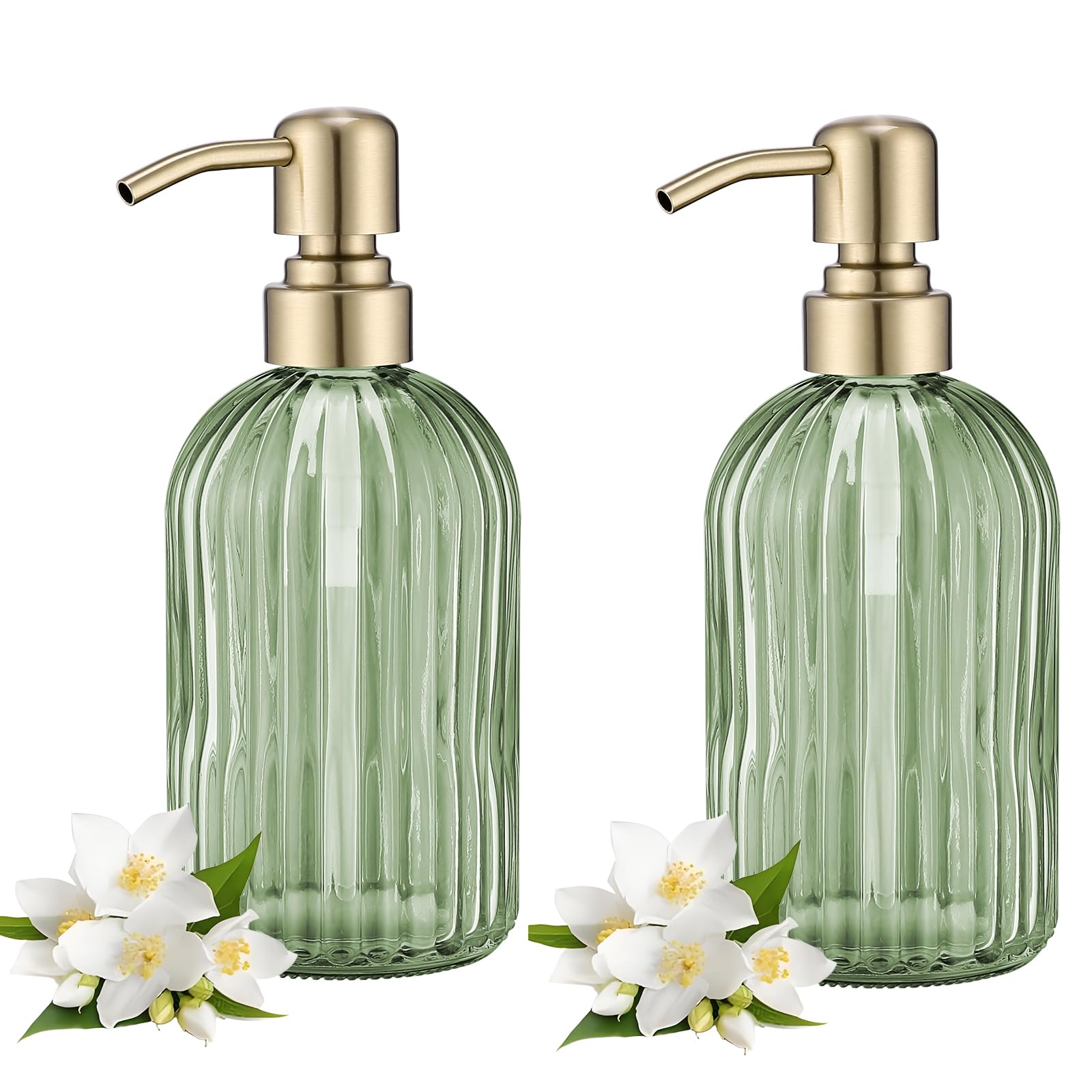 Photo 1 of 16Oz Green Glass Soap Dispenser with Rust Proof Stainless Steel Pump, Green Stripe Bathroom Hand Dish Lotion Dispensers with Brushed Gold Pump,Brushed Gold Glass Soap Dispenser,2 Packs