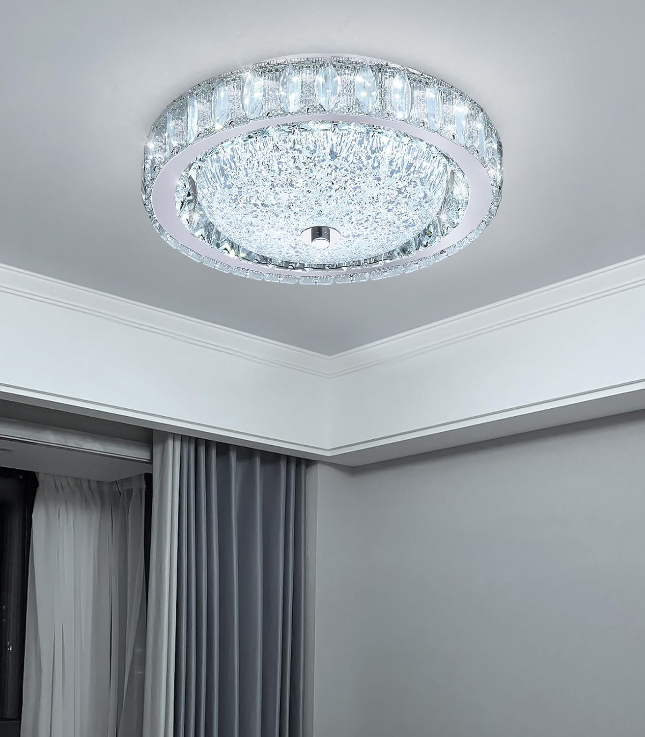11.8" Modern Mini Crystal Chandelier Dimmable LED Flush Mount Ceiling Light with Remote Control for Bedroom Hallway Dining Room Silver