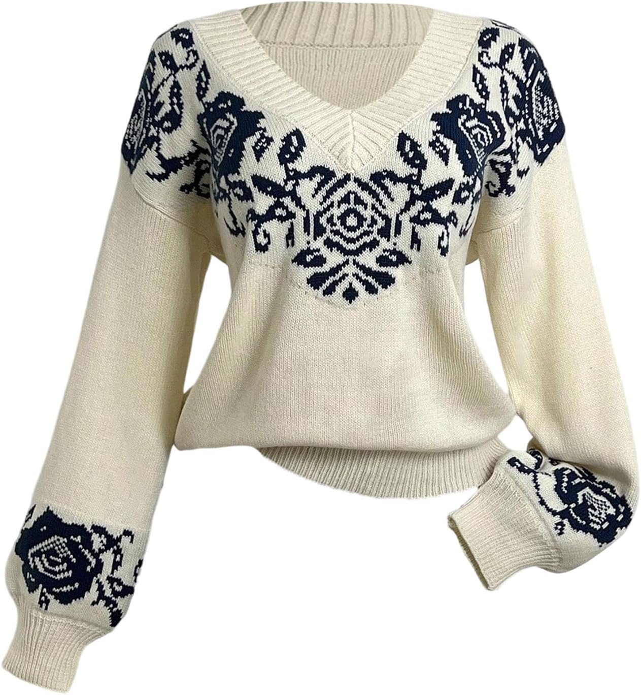 Women's Floral Cozy Sweater Fall Vintage Lightweight Sweater Long Sleeve V Neck Casual Knit Jumper Tops