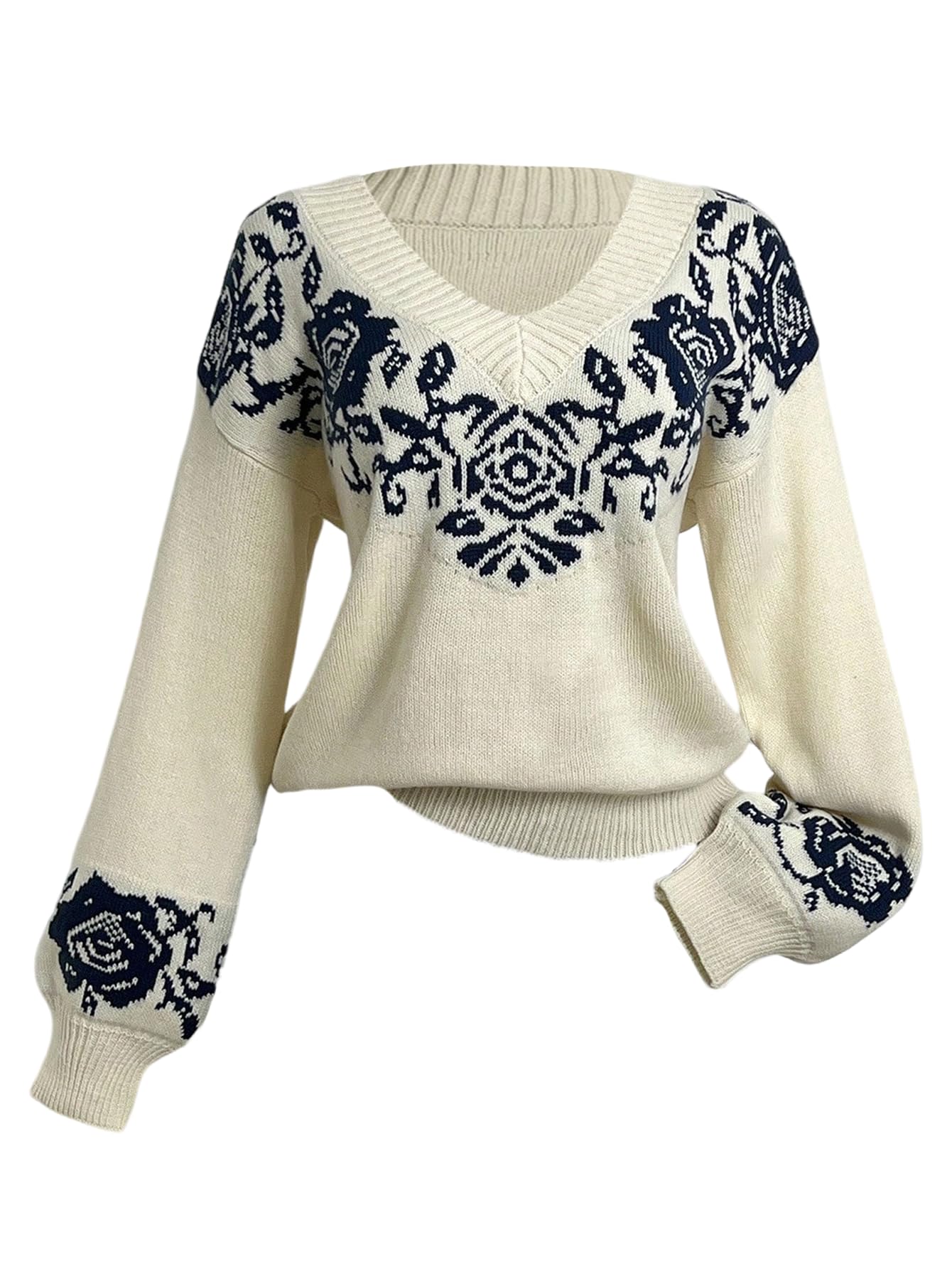 Womens Floral Cozy Sweater Fall Vintage Lightweight Sweater Long Sleeve V Neck Casual Knit Jumper Tops