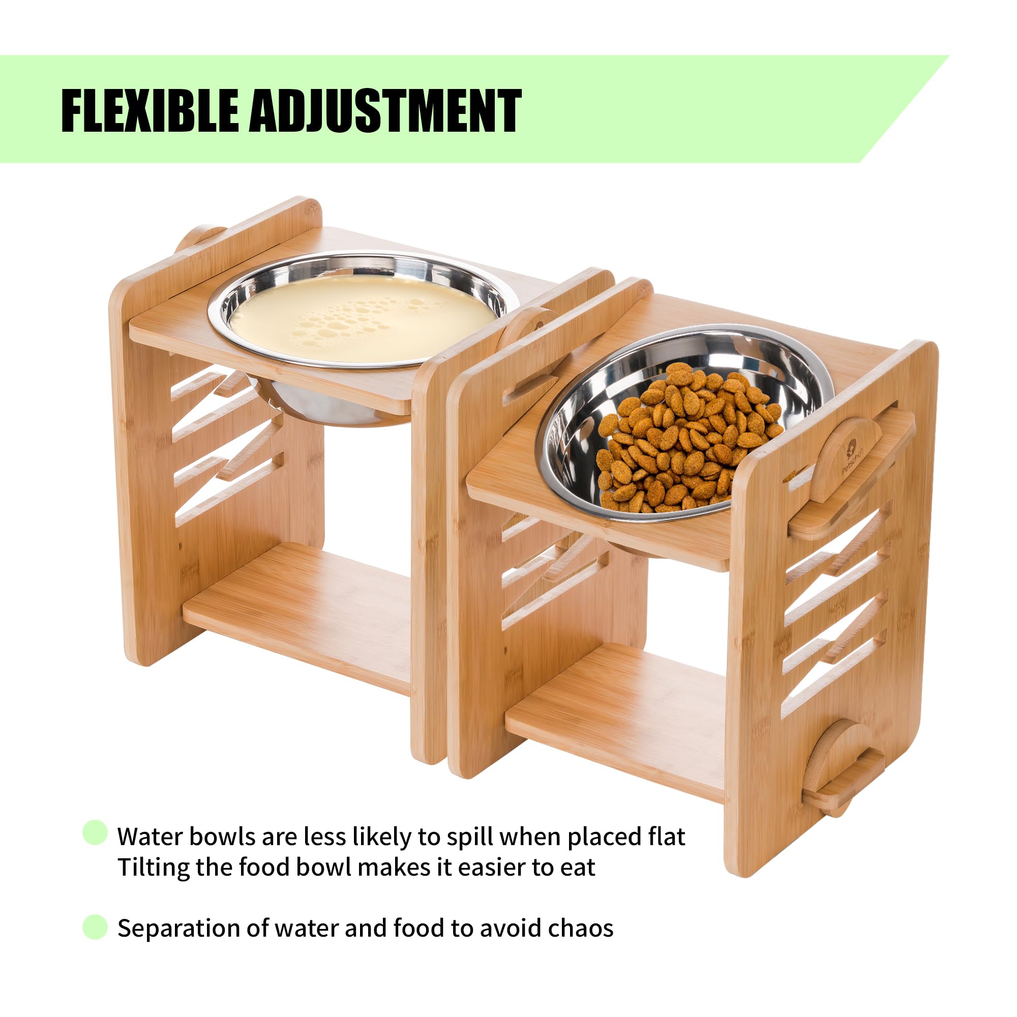 Erhöhte Hundenapf, 9 Höhen Einstellbar Futternapf Hund 12-30 cm, Bambus Holz Futterstation mit 1.5L Edelstahlnapf, Einzeln Erhöhte Hundebar für mittelgroße & Grosse Hunde, 2 Pack