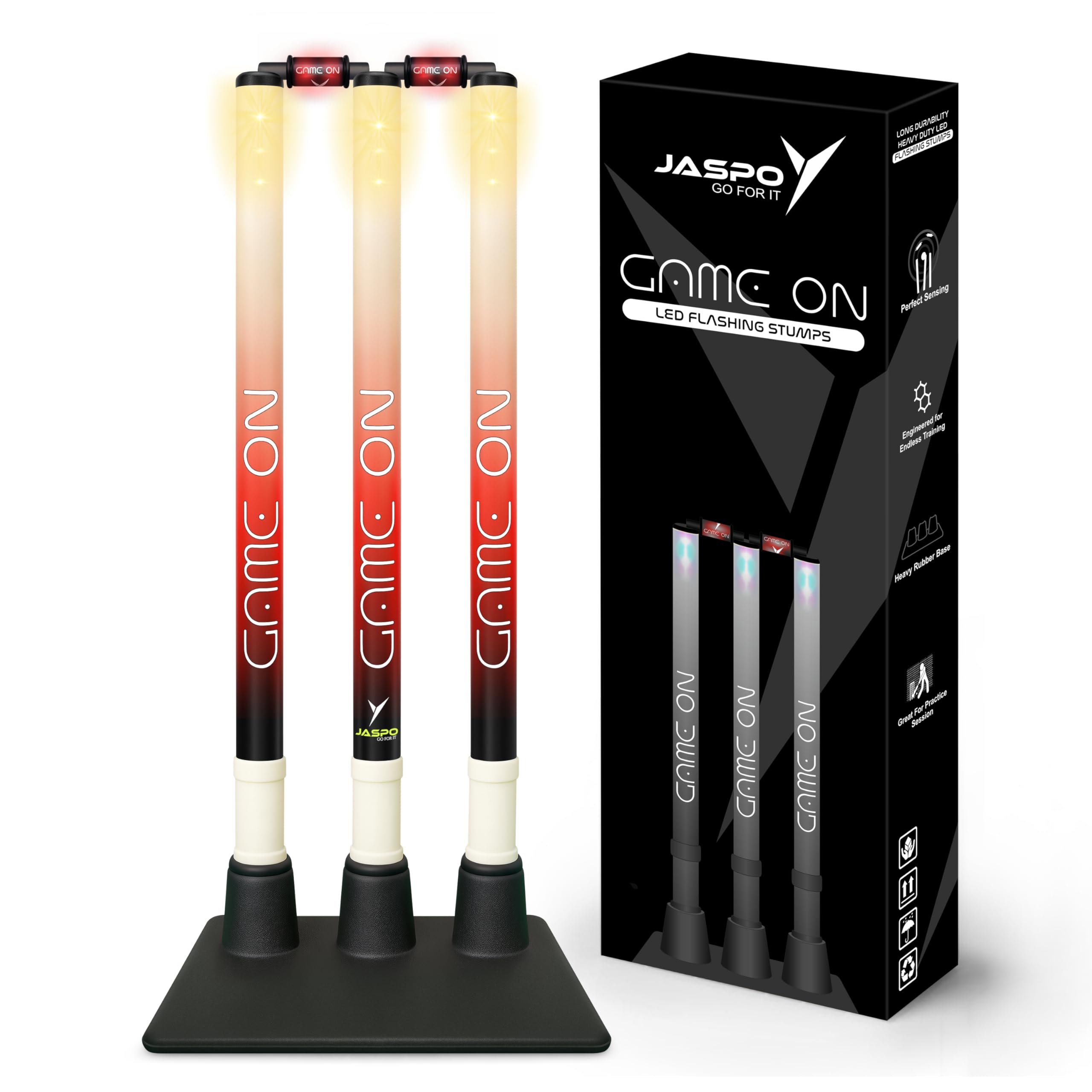 Jaspo LED Game-On 30 inches Wicket Set | illuminating Plastic Stumps and bails with LED Lights | Includes 3 Stumps, 2 LED Bails 1 Rubber Base, for Tournament, Gully Cricket, Box Cricket, Night Matches