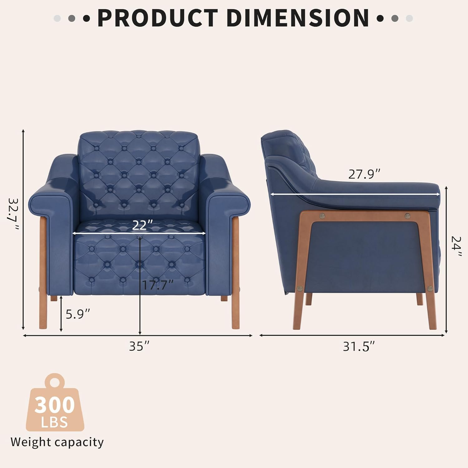 EJUNQ Cozy Accent Chair，PU Leather Modern Living Room Chairs，Mid-Century Office Reading Chair，Single Sofa，Armchair for Bedroom, Apartment, Waiting Room(Dark Blue)