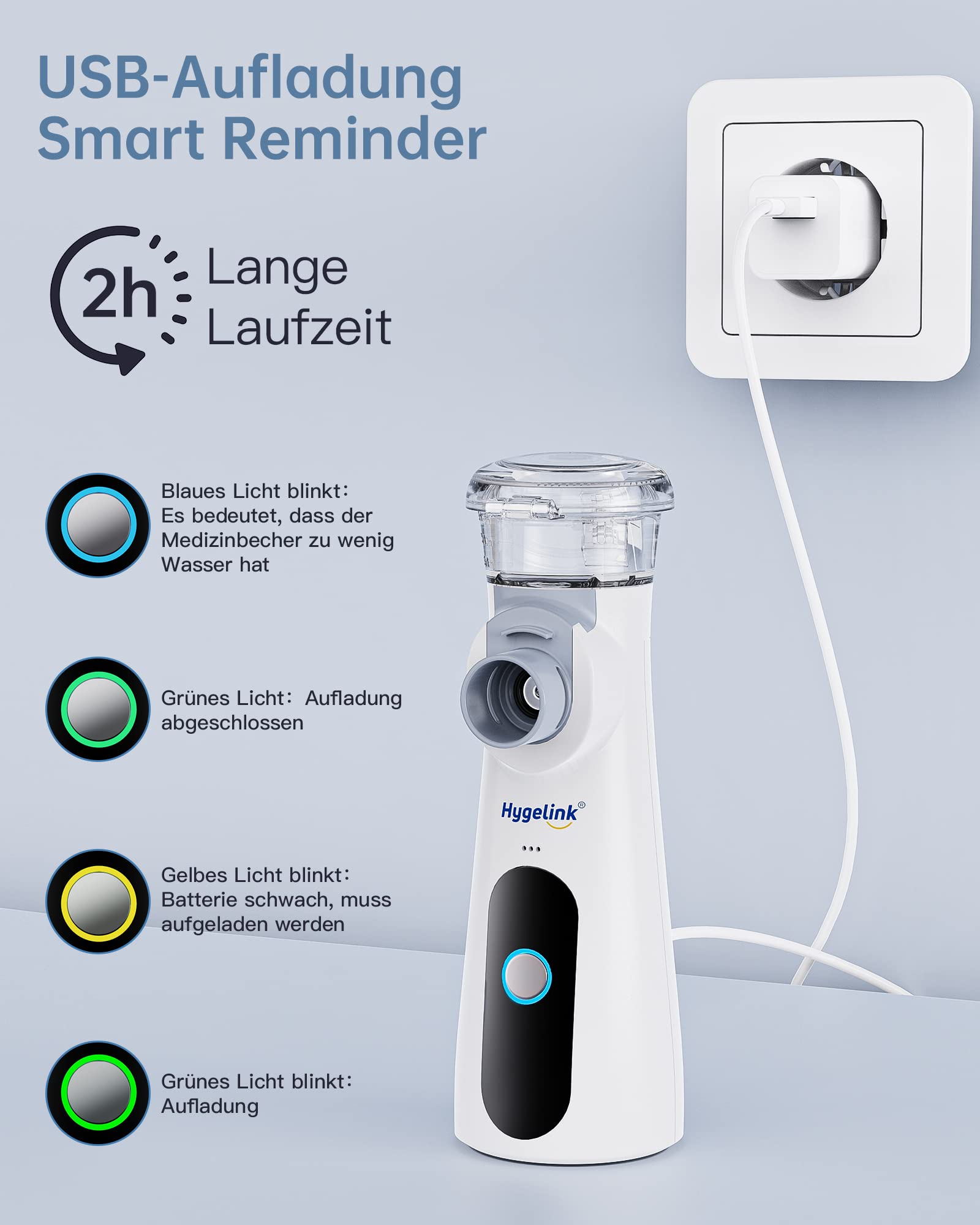 Hygelink Inhalationsgerät Vernebler, Inhalator Set für Kinder und Erwachsene, Tragbar Inhaliergeräte für Atemwegserkrankungen, 2H Lange Laufzeit, 30dB Leise, mit Mundstück und 2 Maske