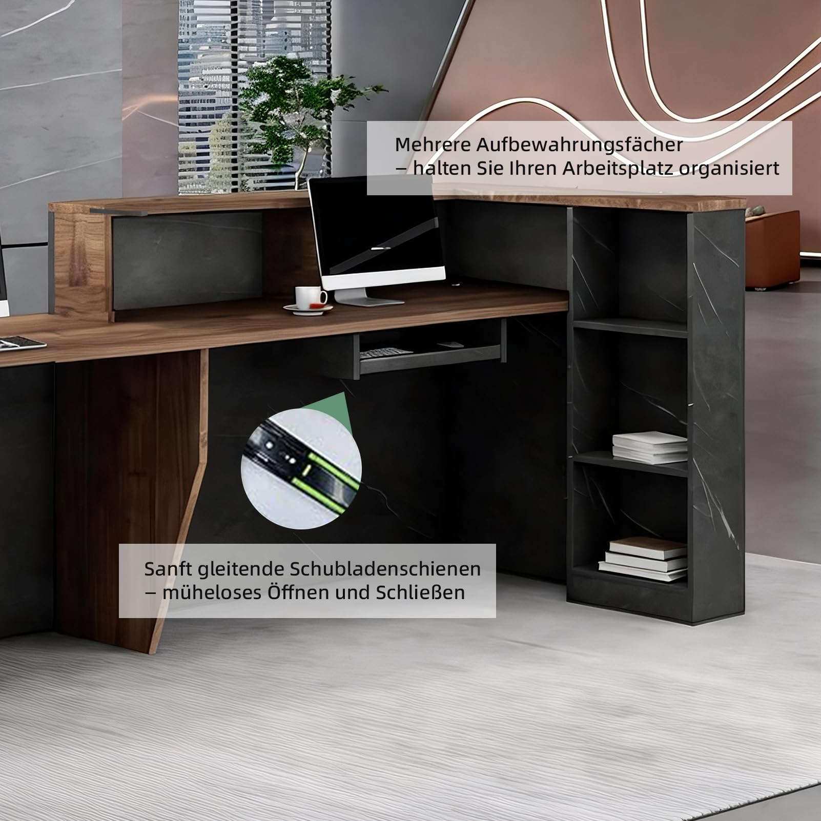 Moderne Empfangstheke L-Form Holz 220CM Empfangstresen mit Stauraum für Büros Rezeption Hotels (rechts hoch-C)