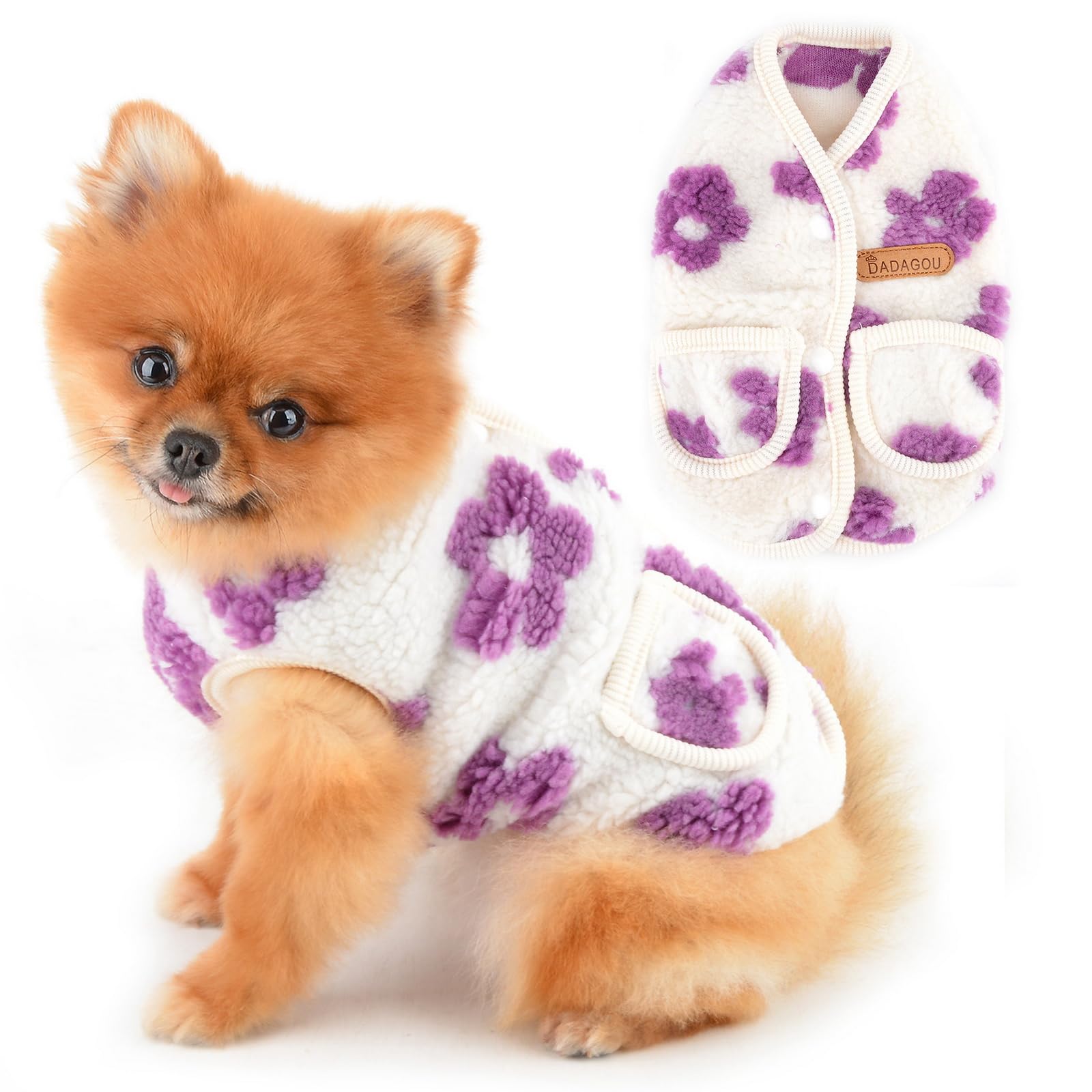 PAIDEFUL Classic Jacquard Fleece Small Dog Vest Jacket with Pockets Soft Puppy Sweater Button Up Fall Winter Warm Pet Coat Chihuahua Clothes Cat Apparel,Purple,L