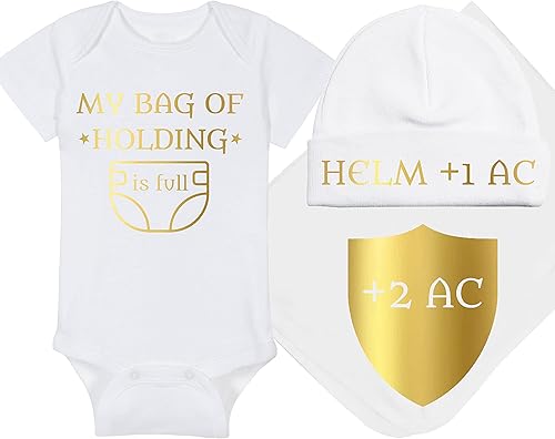 Vista 25 de My Bag Of Holding Is Full - Mameluco para bebé de juegos - Sombrero - Manta - Combinaciones de paquetes de baberos Tela negra/diseño dorado