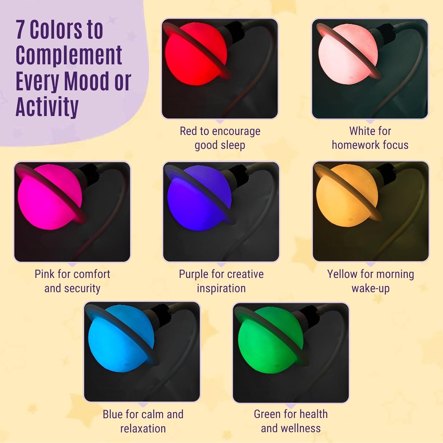 Saturn Clip On Lamp Nightlight for Kids Room - Dimmable Clip On LED Light with Detachable Head - Newborn Night Light for Boys & Girls - Breastfeeding Night Light with 7 Colors & 6 Brightness Levels