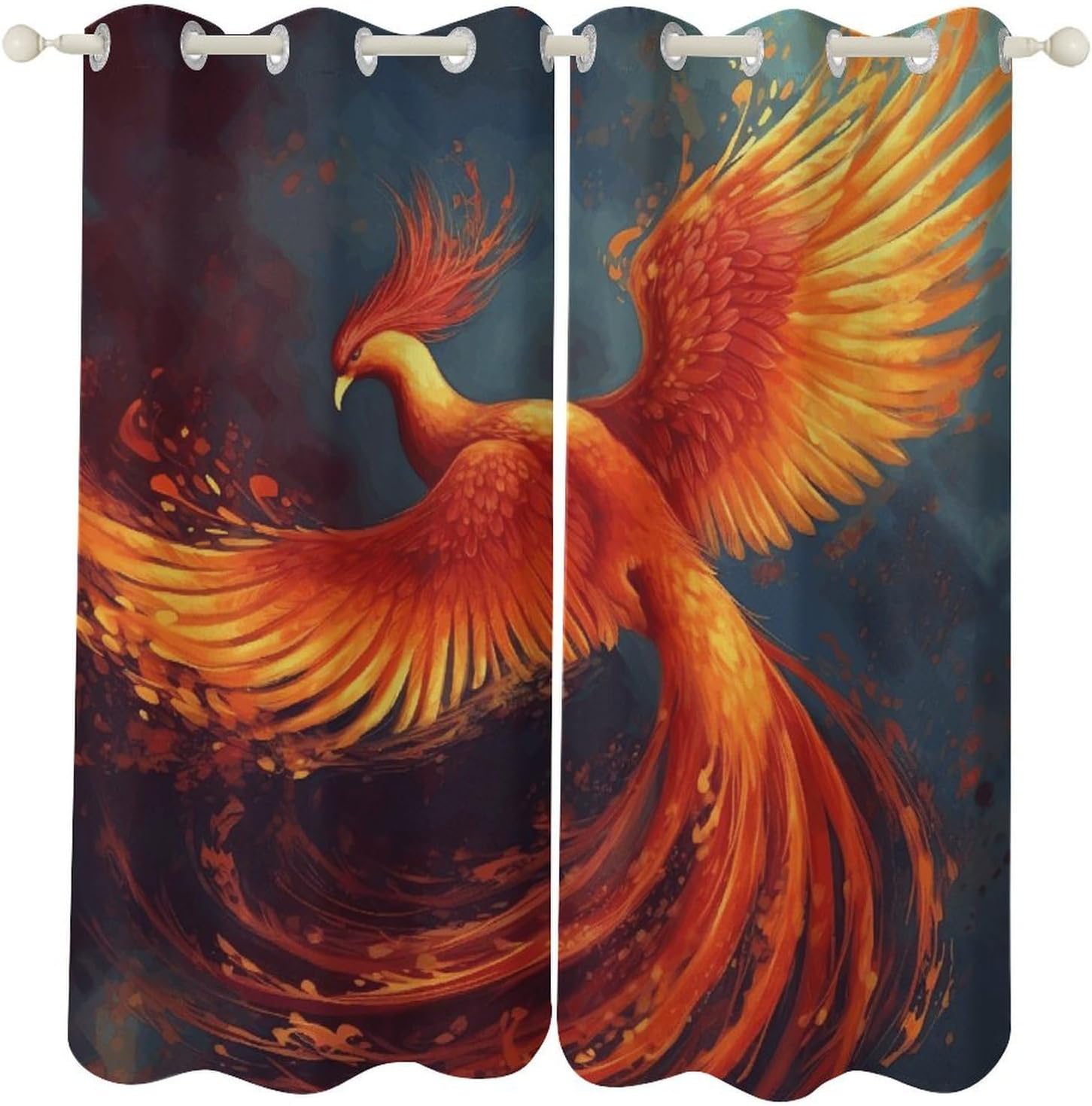 Orange Red Phoenix Printed Perforated Curtains, Insulated Curtains for Winter, Thermal Drapes are Suitable for Most Windows, Balconies