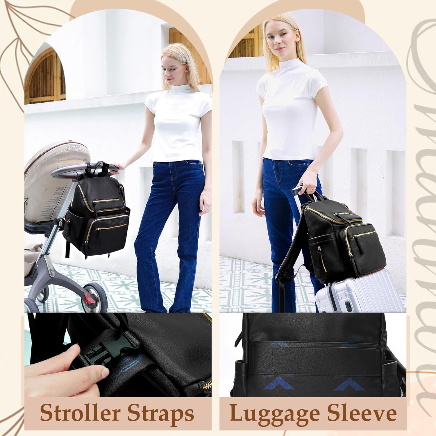 Omanmoli Diaper Bag Backpack Baby Diaper Bag Leather with 17 Diaper Bag Organizing Pouches,Changing Pad,Stroller Straps,4 Insulated Pockets,Black - Image 6