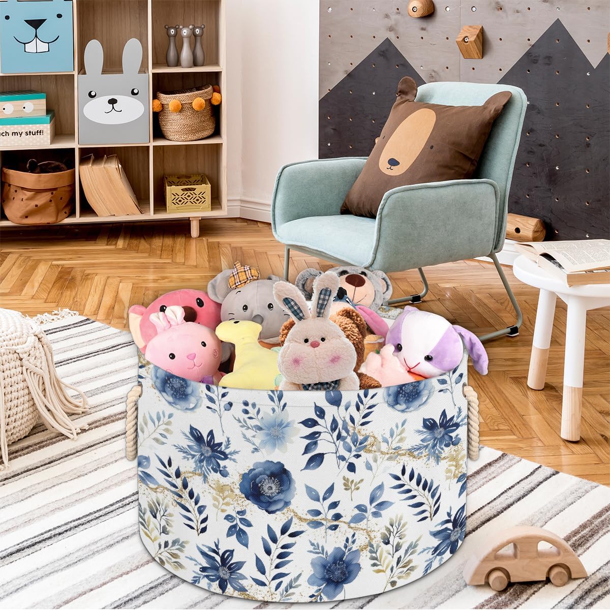 Large Round Laundry Basket Blue Watercolor Flowers Toy Bins Organizers and Storage for Girls Canvas Collapsible Blanket Storage Basket Laundry Hamper Gift Baskets Bedroom Clothes Children Nursery