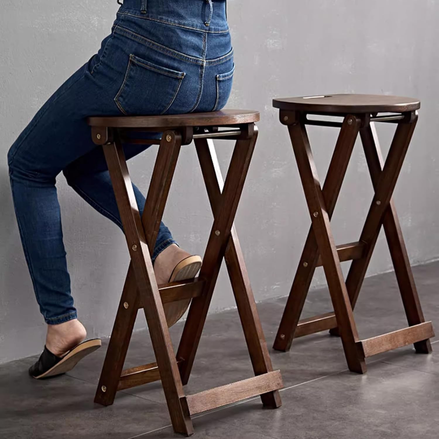 24inch Backless Wooden Folding Stool, Kitchen Height Foldable Stool with Footrest, Portable Breakfast High Chair, No Assembly