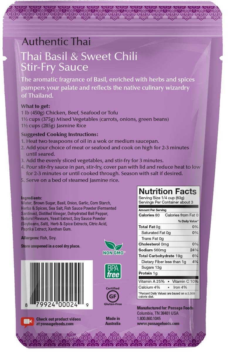 Passage Foods To Thailand Stir Fry Sauce, Thai Basil & Sweet Chili, 7 Ounce, 3 Count