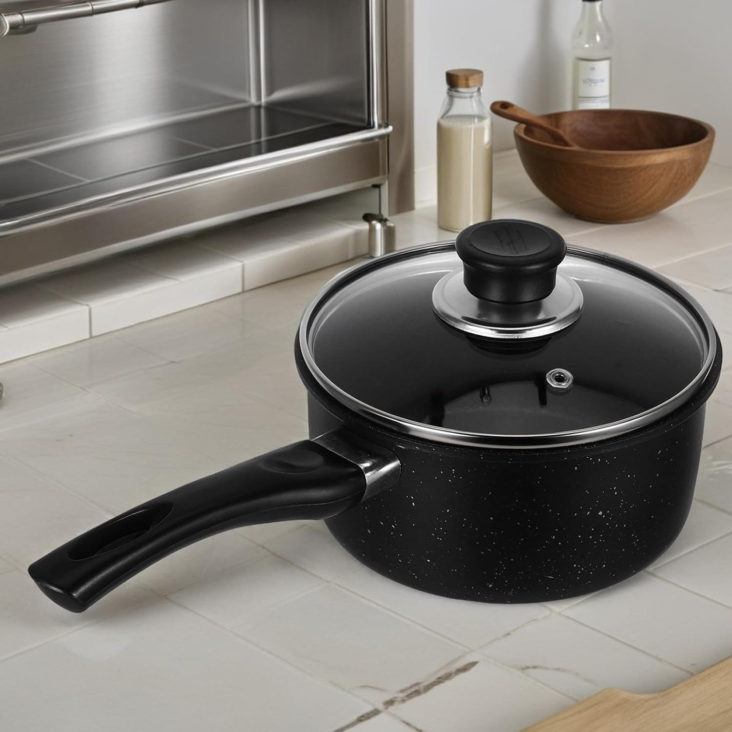 Small Nonstick Maifanstone Saucepan with Lid 16cm for 1-3 People Milk Warmer and Soup Cooking Pot Food Stew Pan for Stovetop Kitchen Use