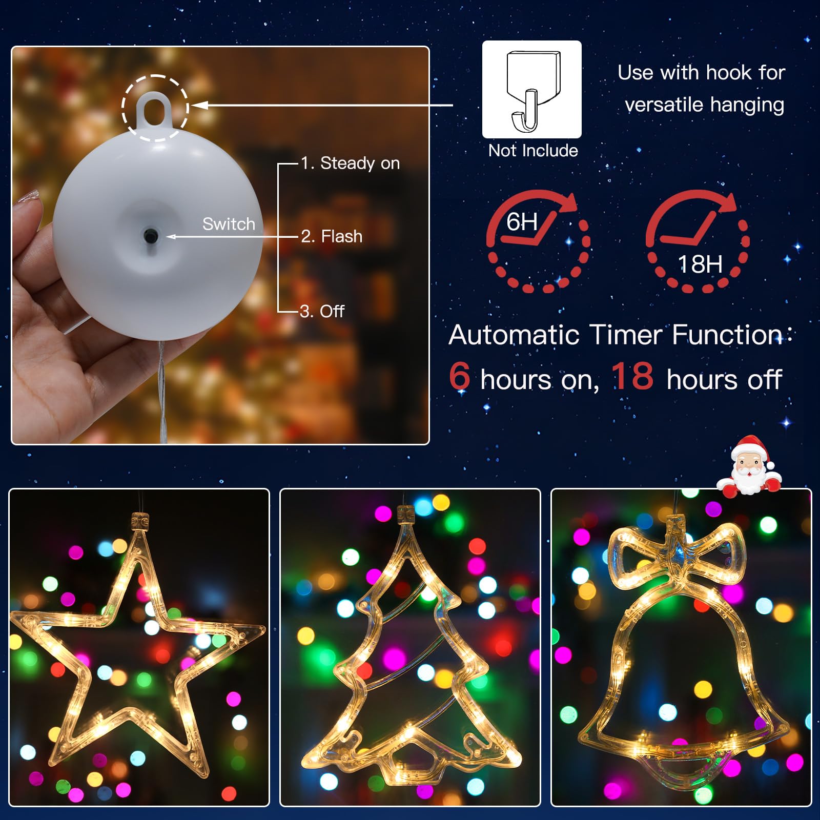 suddus Lot de 3 guirlandes lumineuses de Noël en forme de clochette et d'étoile, alimentées par piles avec ventouses et minuterie, guirlande lumineuse à suspendre pour arbre, cheminée, blanc chaud