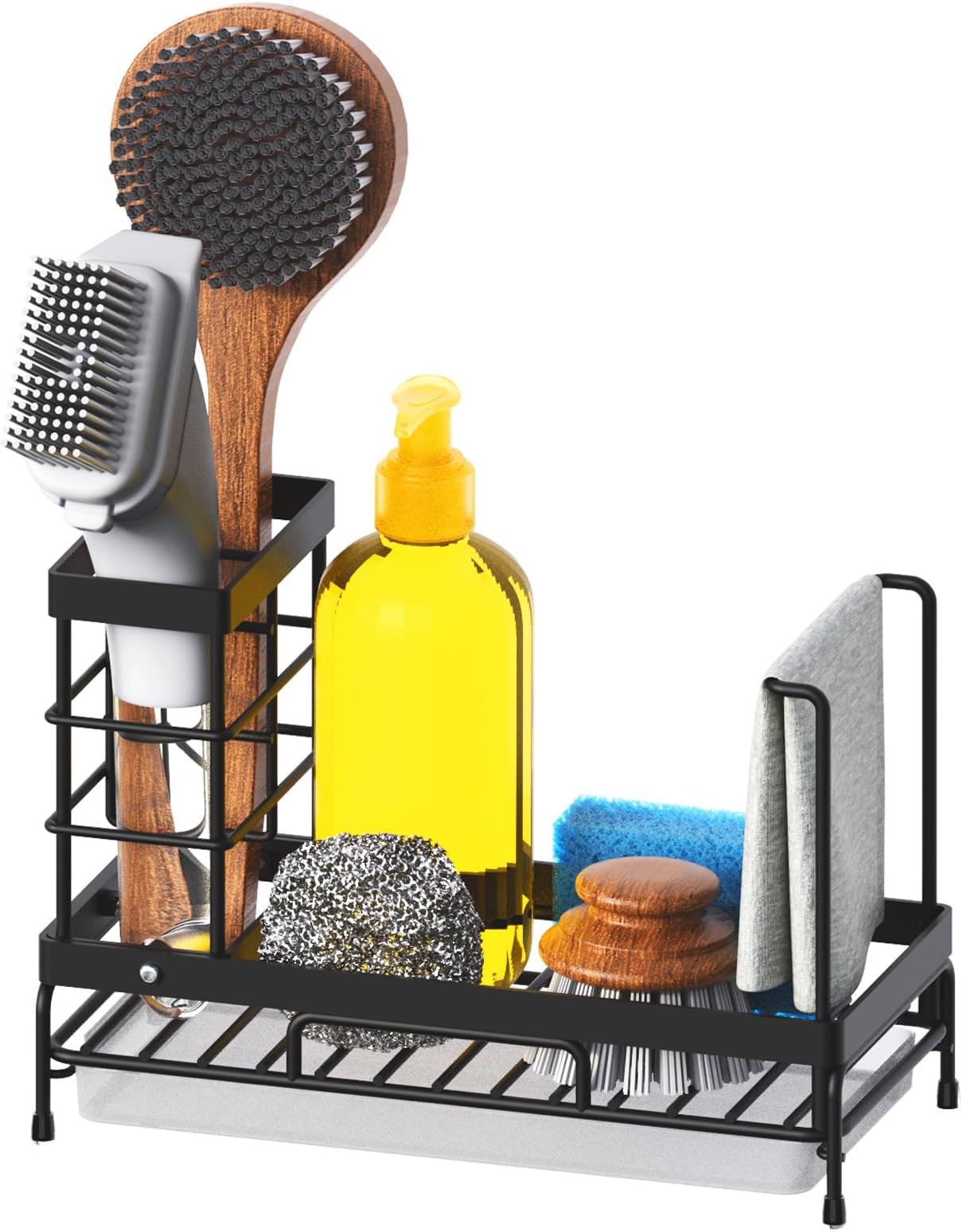 Kitchen Sink Organizer, Multifunctional Rustproof Sponge Holder Sink Organizer with Drain Tray & High Brush Holder & Dish Cloth Hanger, Kitchen Sink Organizer Countertop, Kitchen Sink Caddy