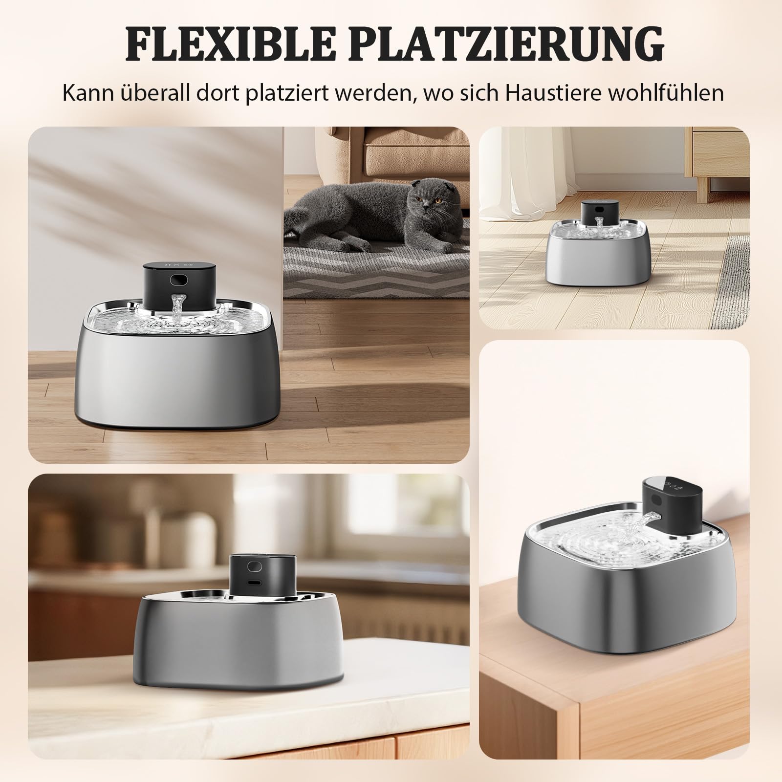 ROTTOGOON 3,2L Katzenbrunnen Kabellos mit Bewegungssensor Edelstahl | Batteriebetrieben Katzen Trinkbrunnen 4000mAh, Katzentrinkbrunnen Ohne Pumpe, Leise Wasserbrunnen für Katze